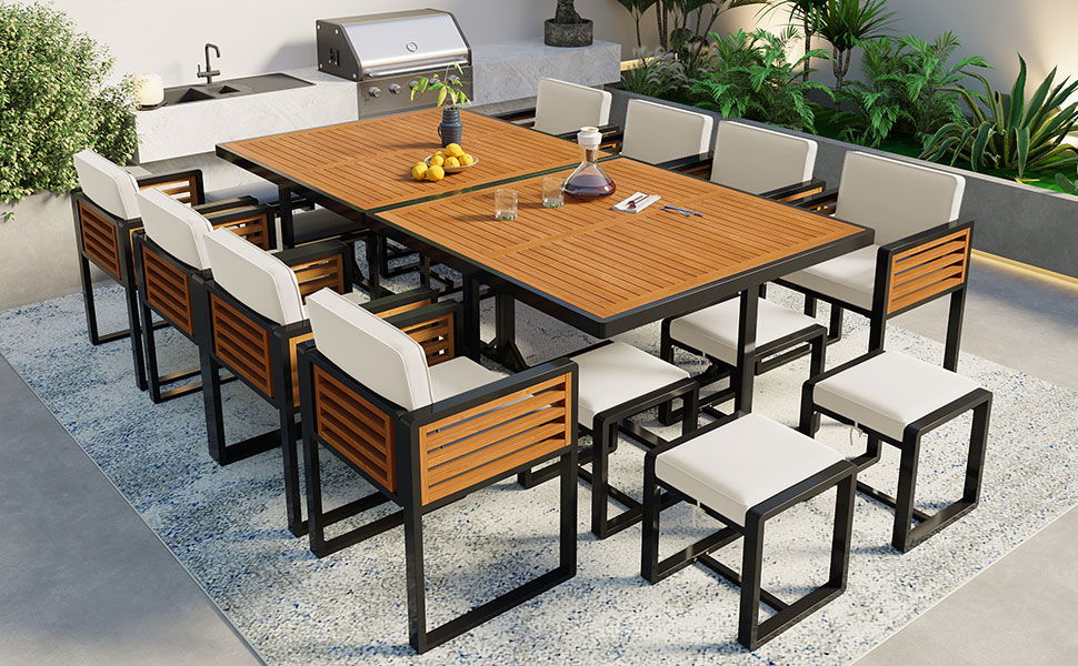 Acacia Wood Patio Dining Set, Cushioned Chairs & Ottomans Square Table - Image 10