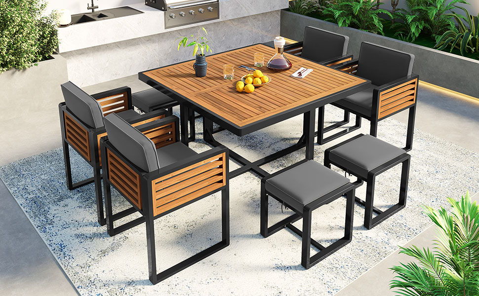 Acacia Wood Patio Dining Set, Cushioned Chairs & Ottomans Square Table - Image 11