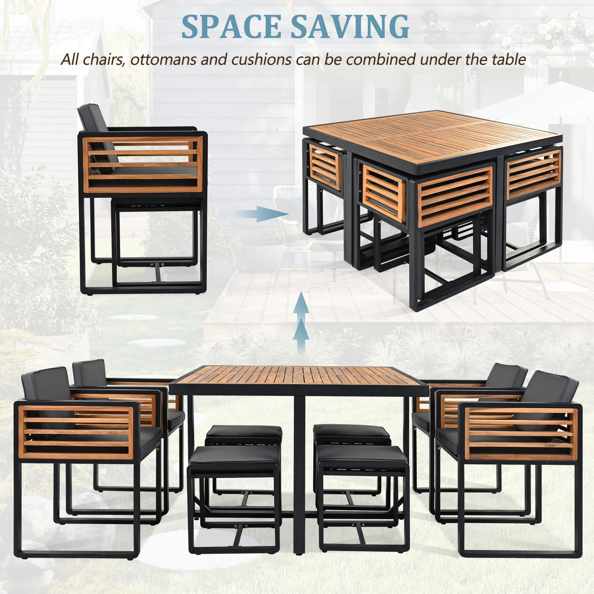 Acacia Wood Patio Dining Set, Cushioned Chairs & Ottomans Square Table - Image 13