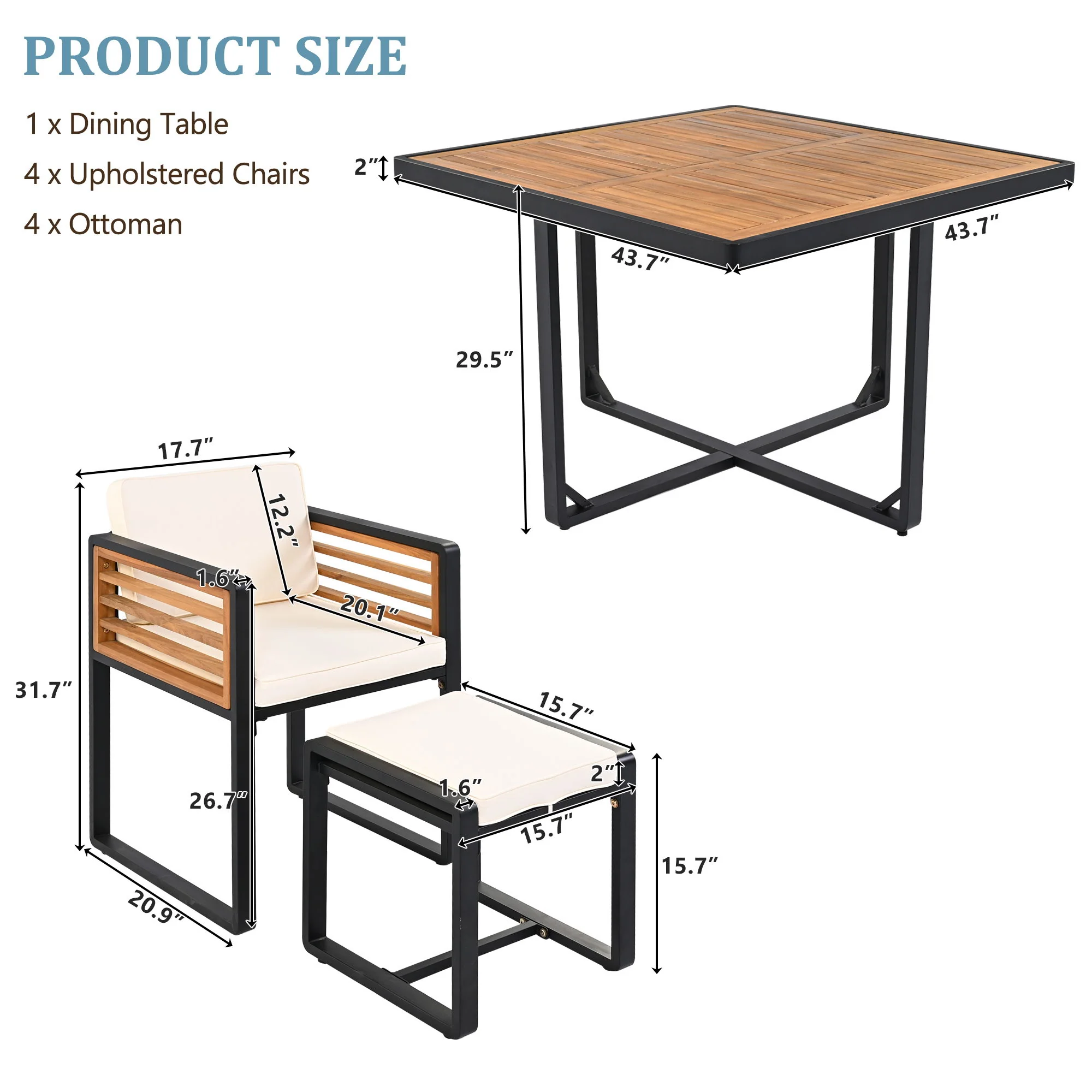 Acacia Wood Patio Dining Set, Cushioned Chairs & Ottomans Square Table - Image 26