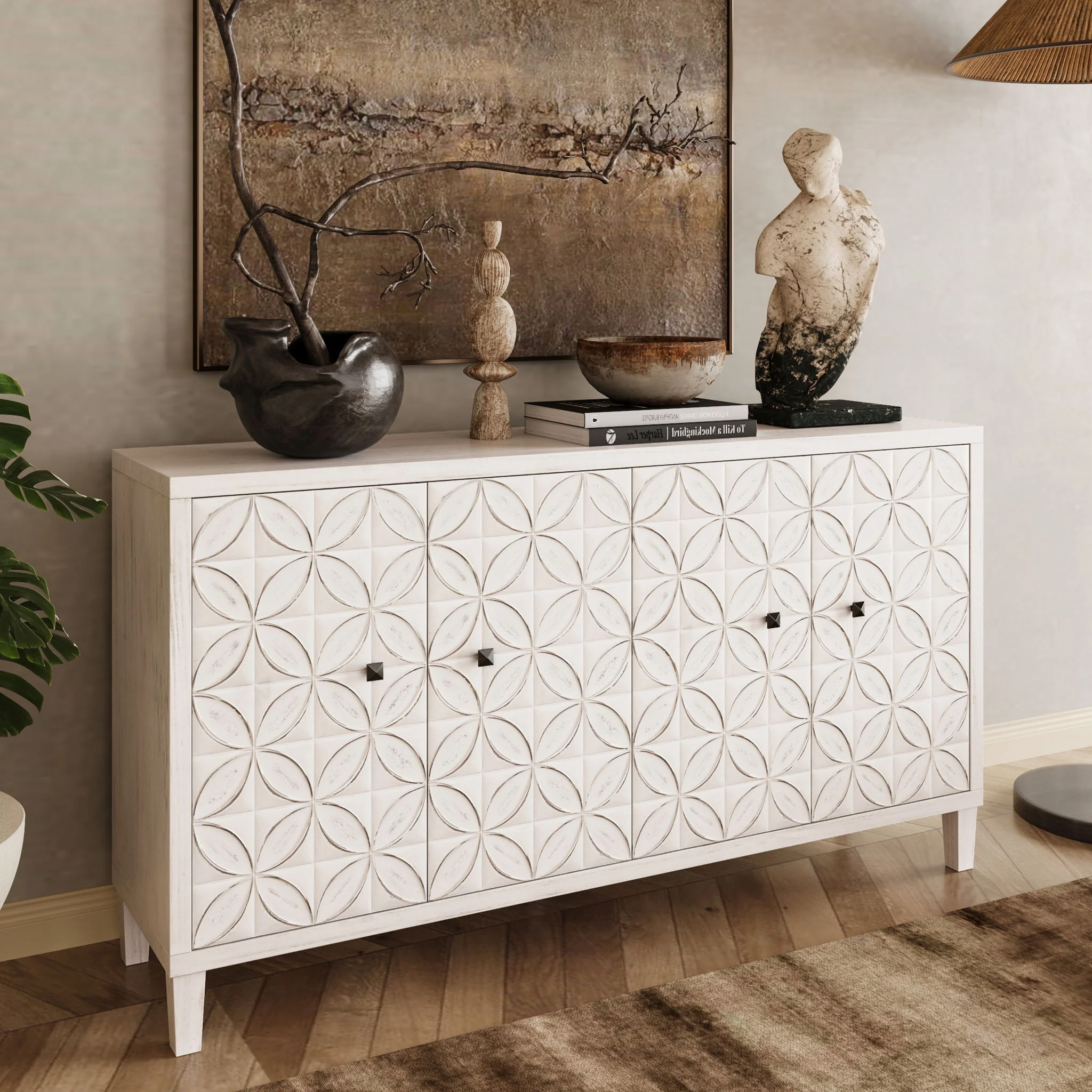 Accent Cabinet Sideboard Buffet Wooden Four Door Storage Unit 60x32in White - Image 7