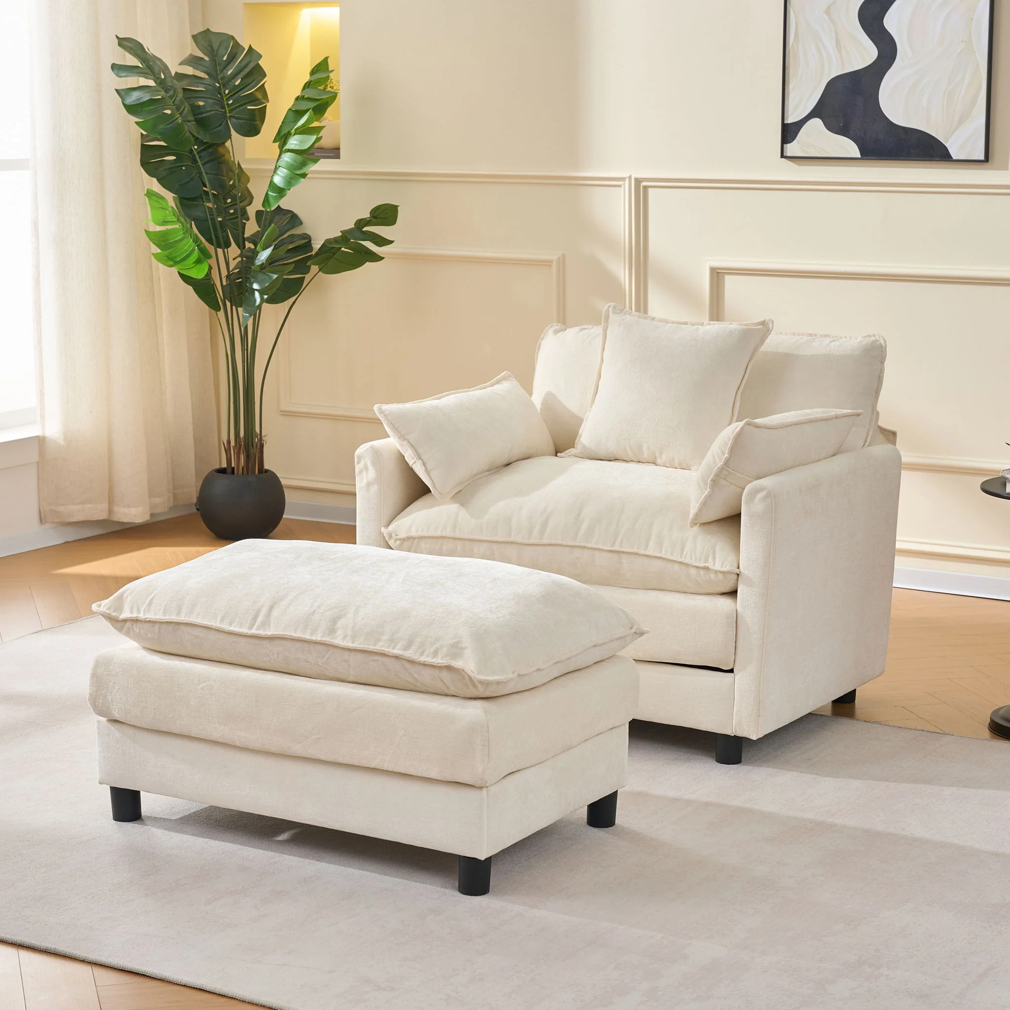 Accent Chair With Ottoman - Beige - Image 9