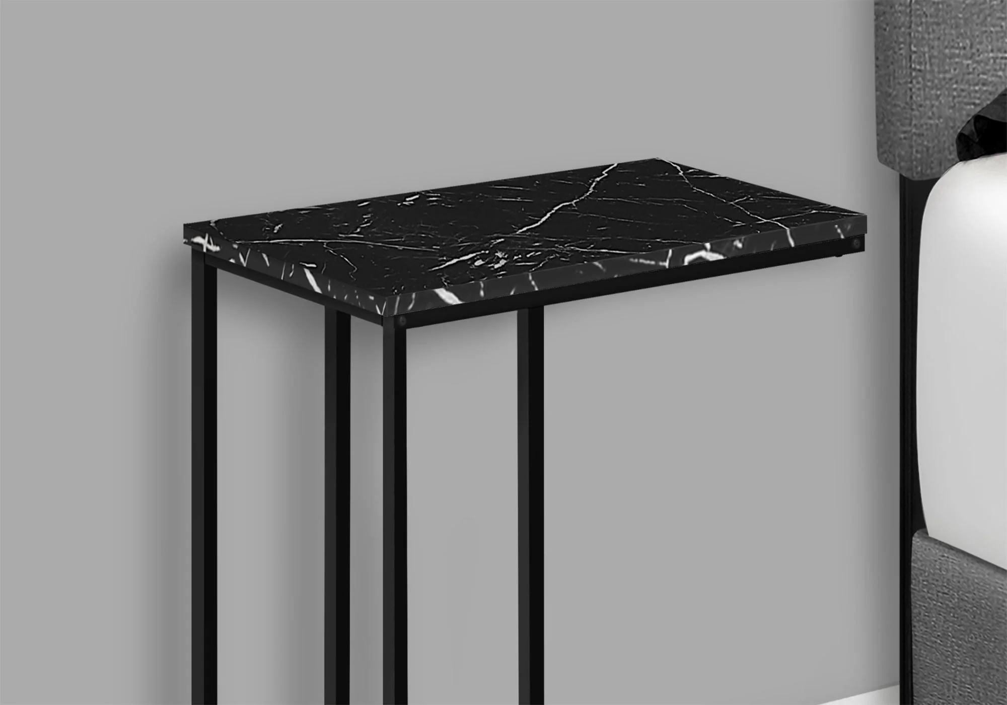 Accent Table, C - Shaped, Marble Look Modern Design - Black - Image 2