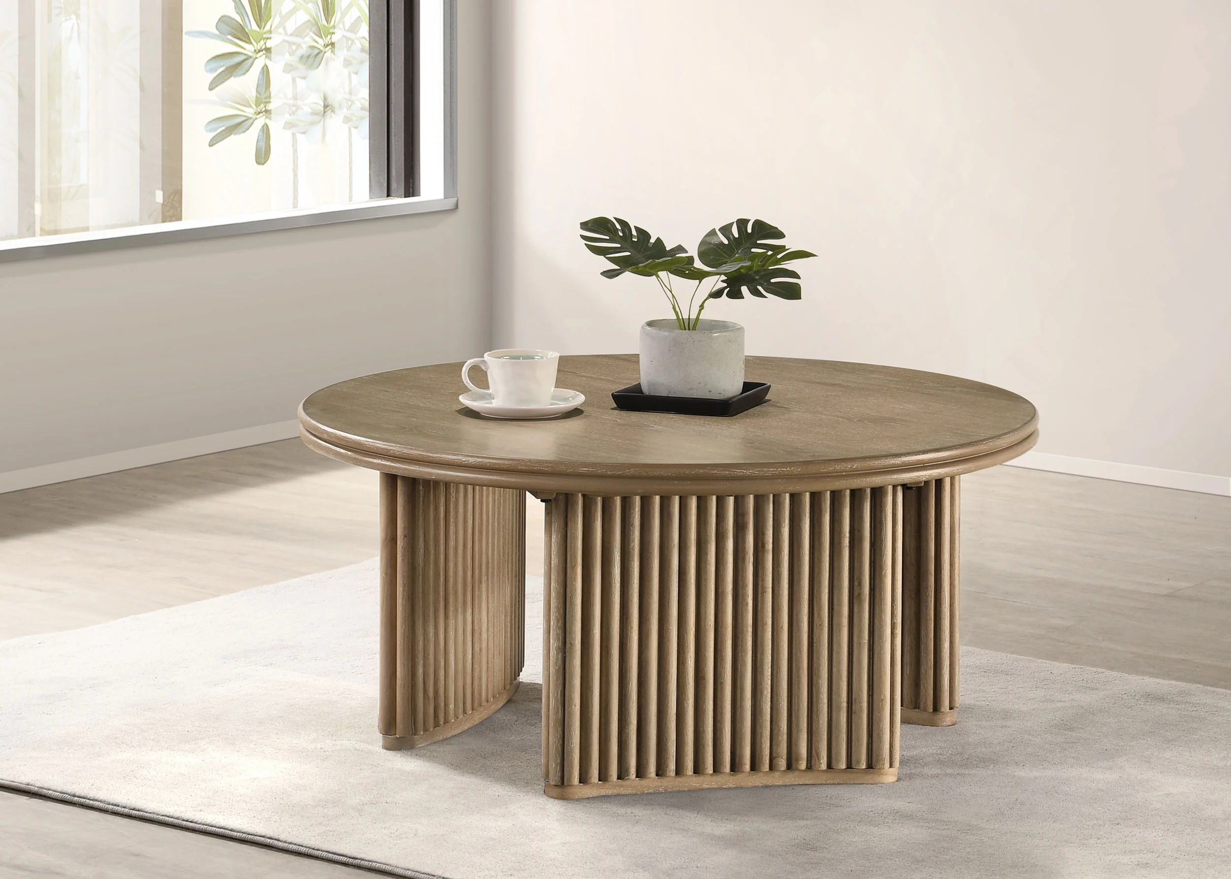 Adina 36-Inch Round Wood Coffee Table, Distressed Light Brown - Image 2