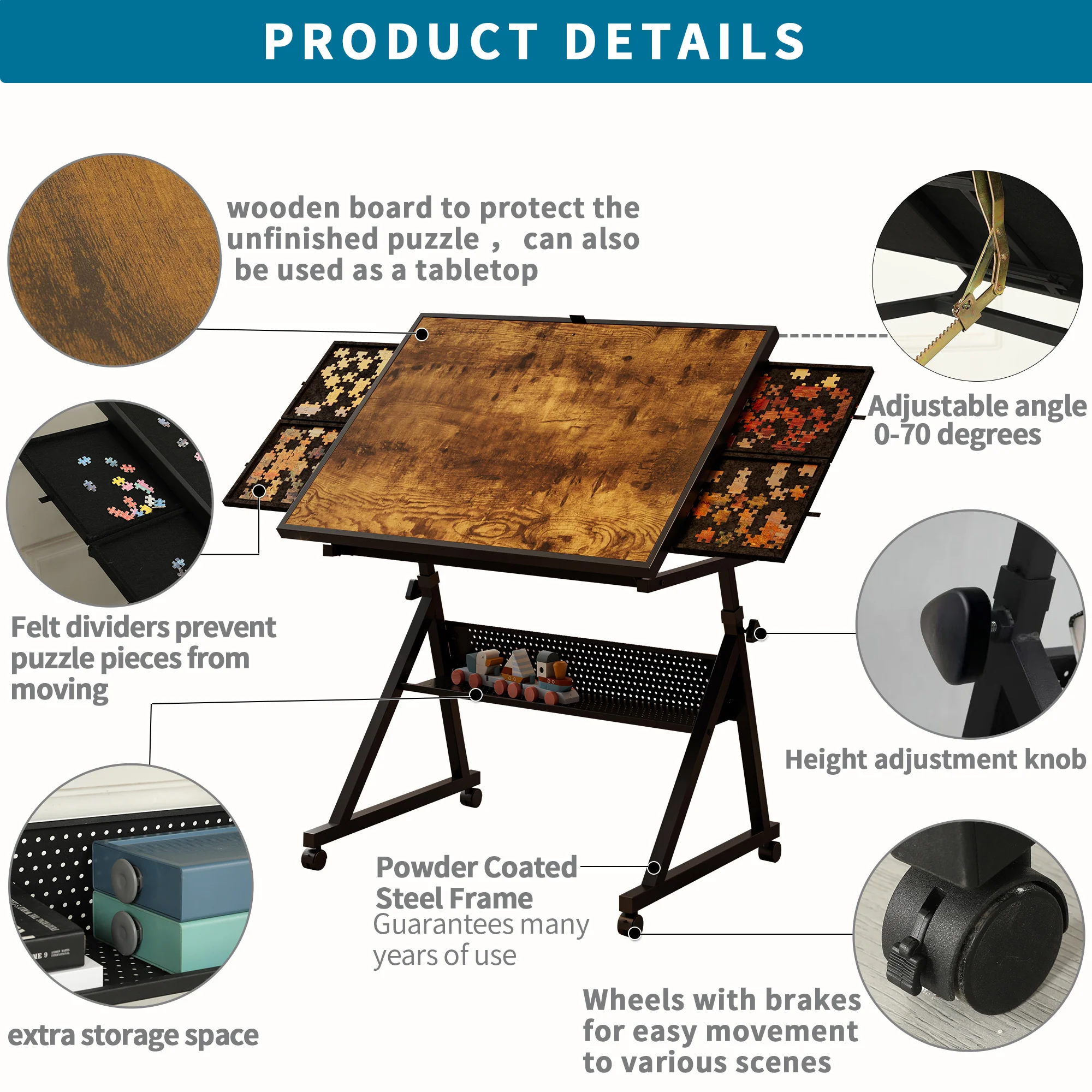 Adjustable 1500-Piece Puzzle Table with Tilt Board, Storage Trays & Wheels - Image 2