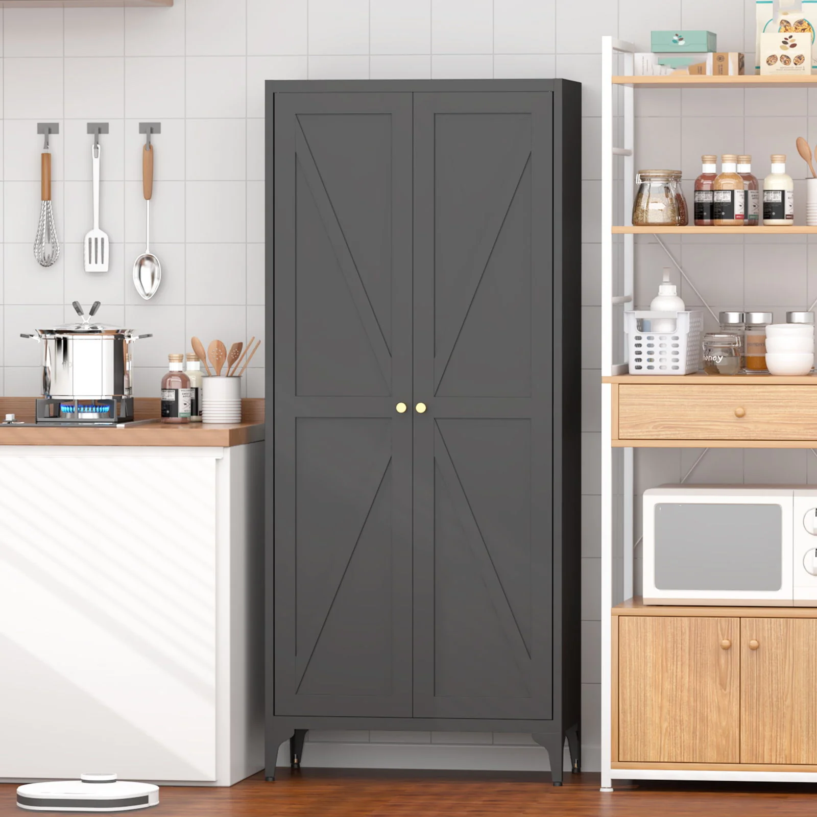 Adjustable 2 Door Kitchen Pantry Cabinet With Striped Design - Image 17