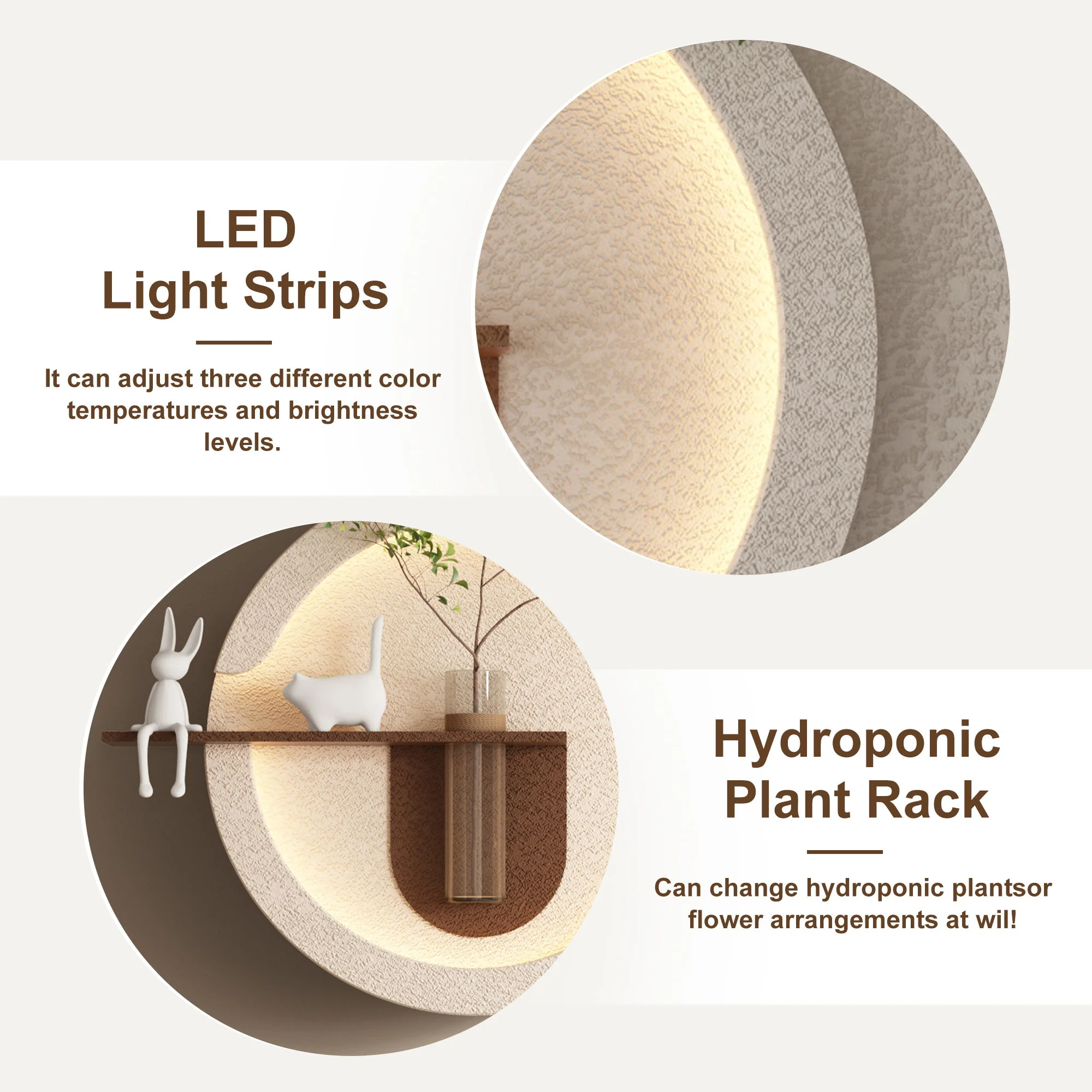 Adjustable 3 Color LED Sandstone Double Disc Wall Art With Simulated Greenery, Vase & Rabbit Statue - Light Coffee - Image 2