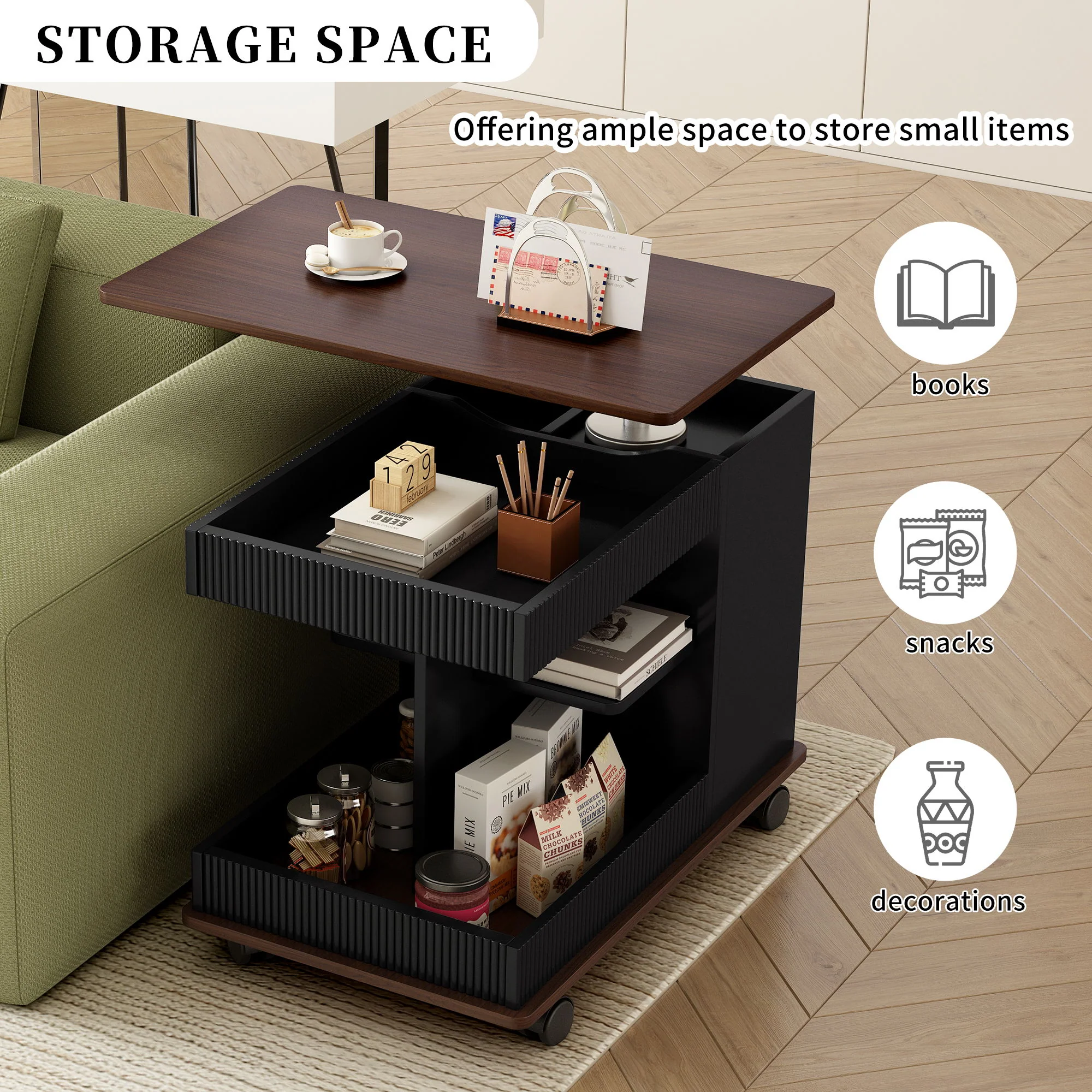 Adjustable End Table With Wheels, 360°Rotating Top And Storage Space - Image 10