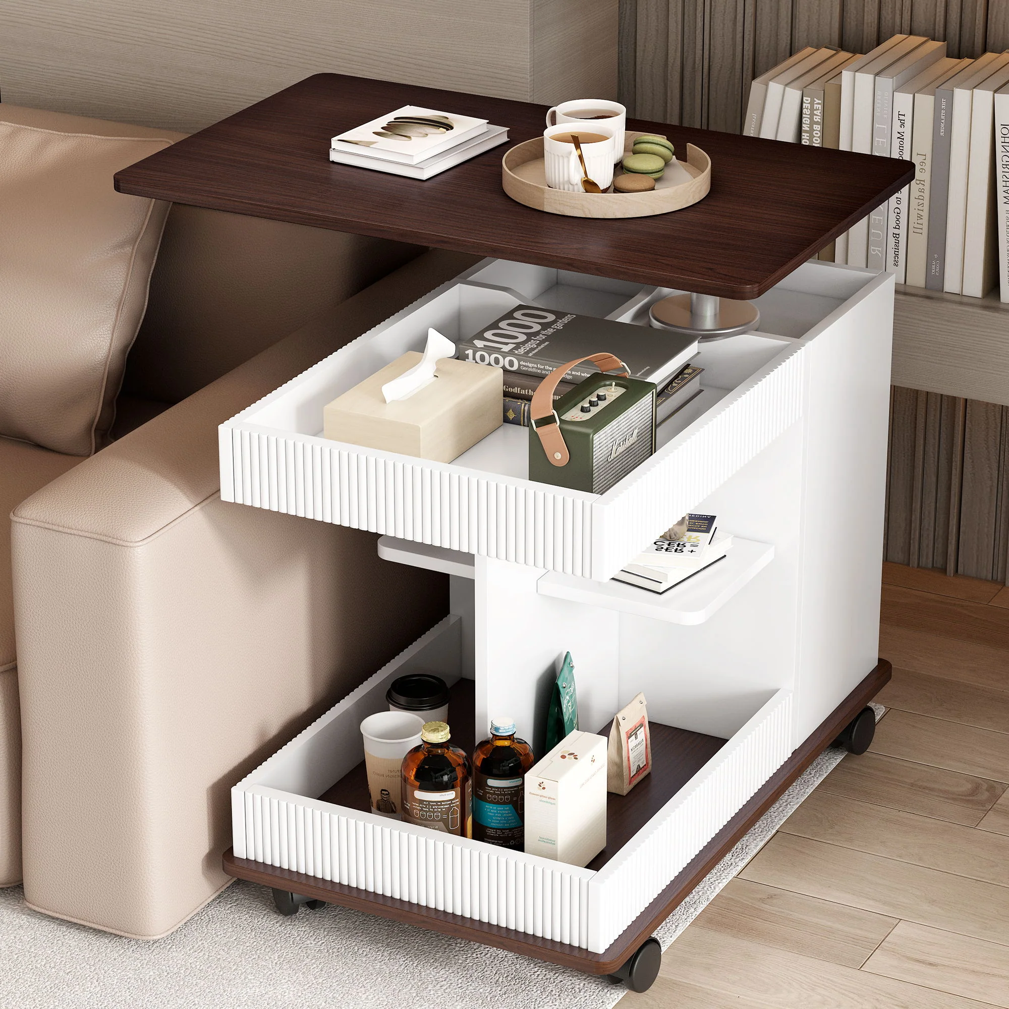 Adjustable End Table With Wheels, 360°Rotating Top And Storage Space - Image 8