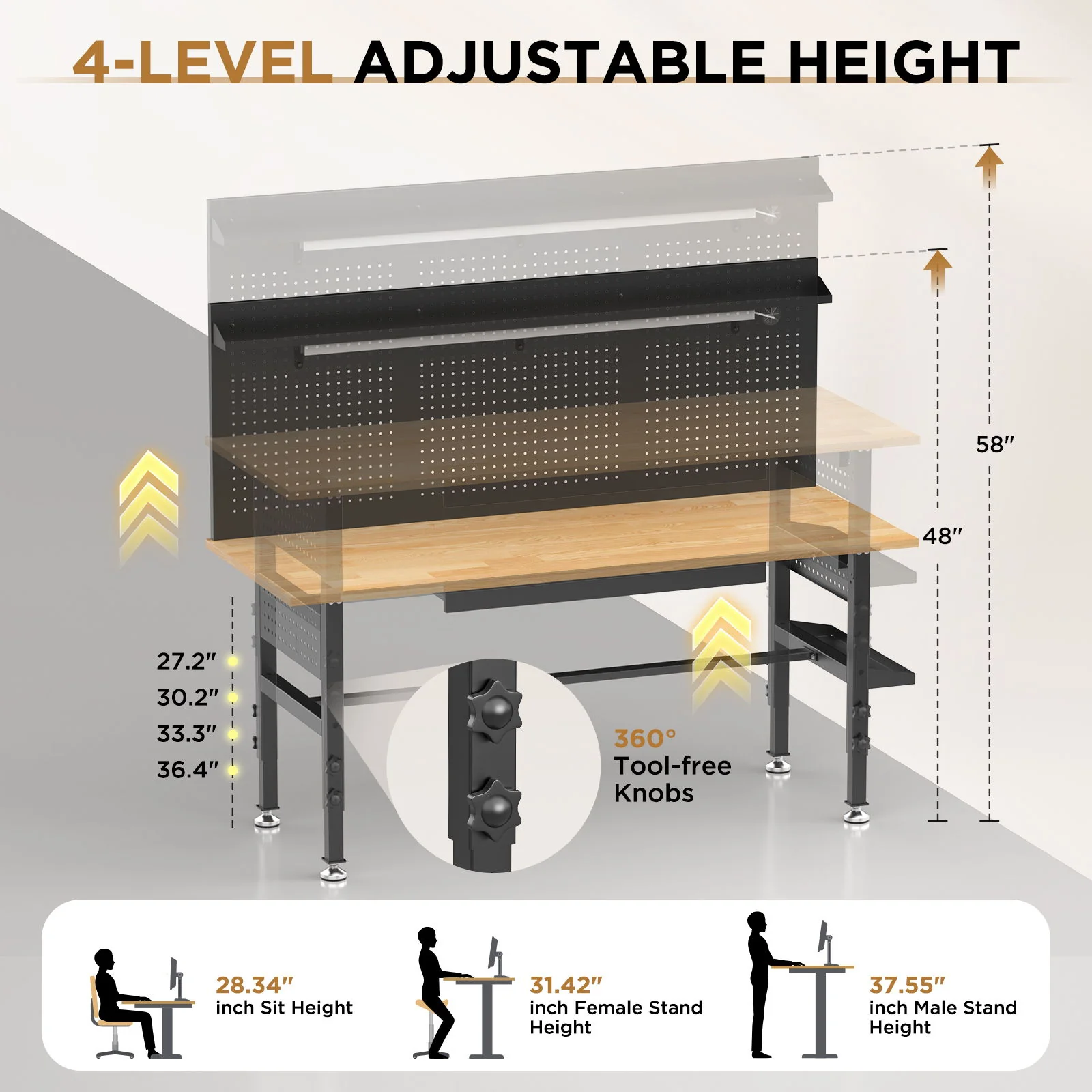 Adjustable Height Workbench, Includes Drawers, Power Outlet, LED Light, Wheels Or Leveling Feet - Black - Image 2