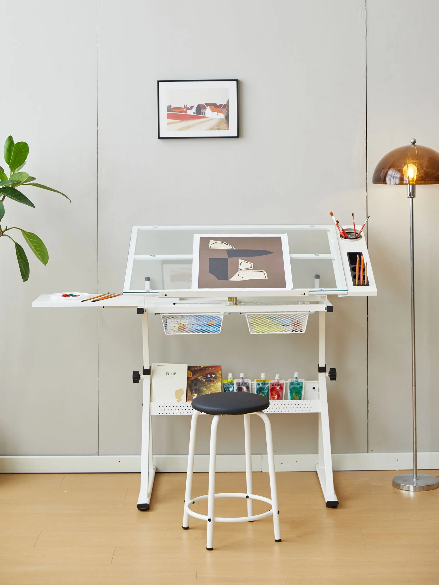 Adjustable Tempered Glass Drafting Printing Table With Chair - Image 7