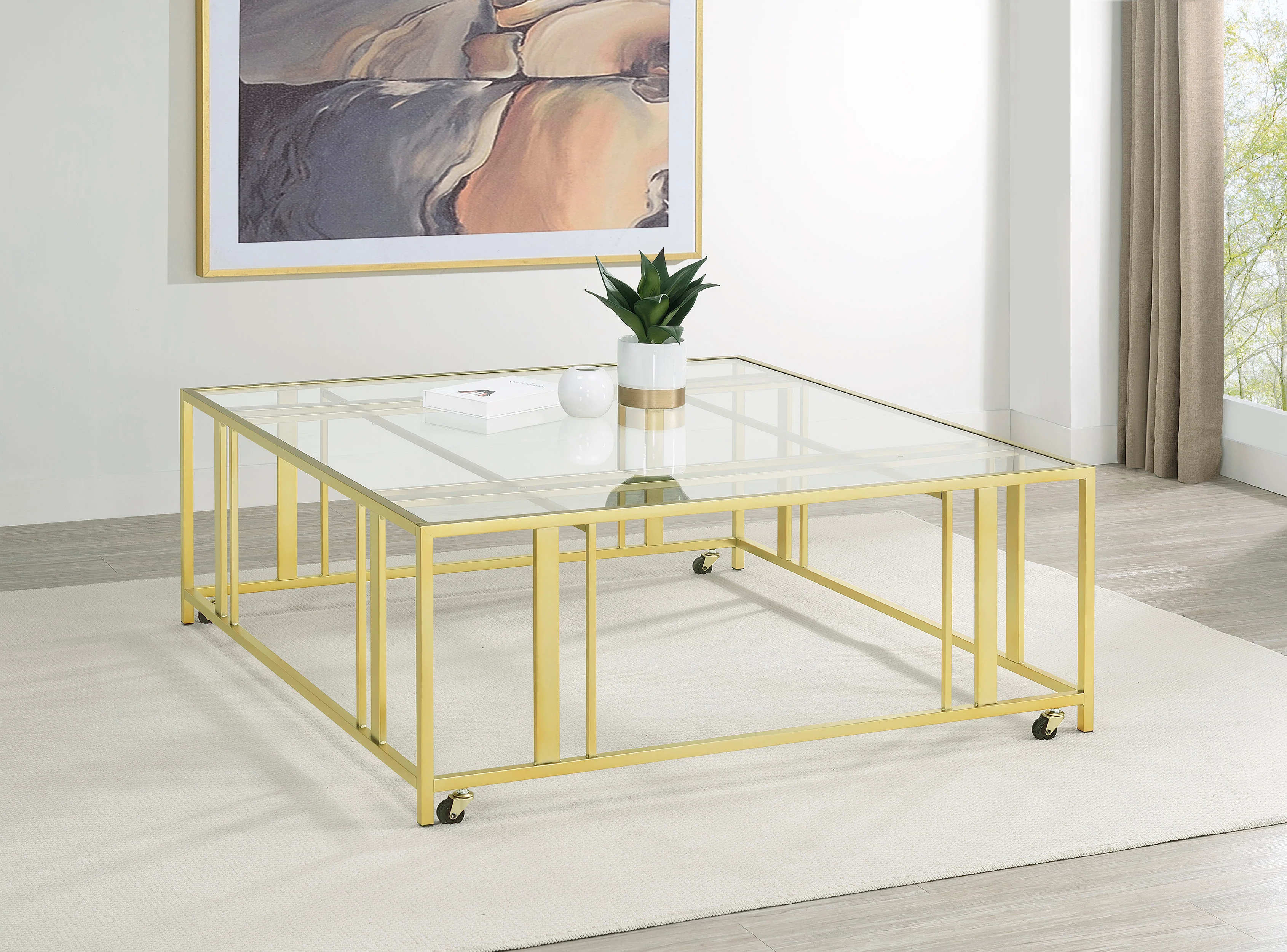 Adri Square Glass Top Coffee Table with Casters Matte Brass - Image 2