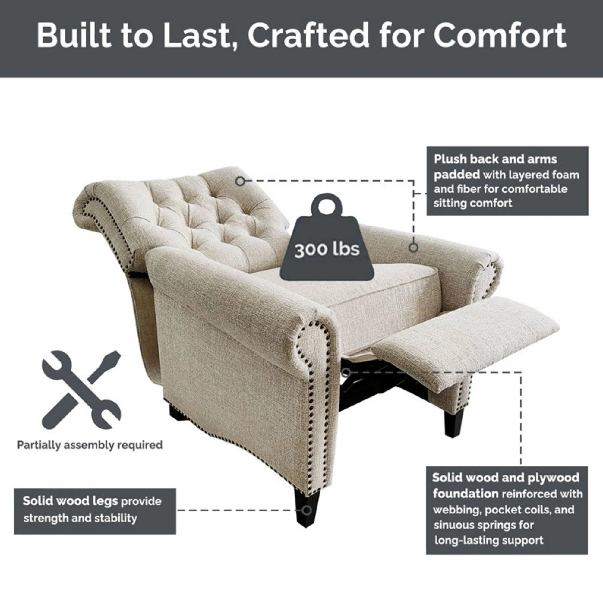 Aidan - Push Back Recliner Chair With Tufted Back And Nailhead Trim - Cream - Image 4