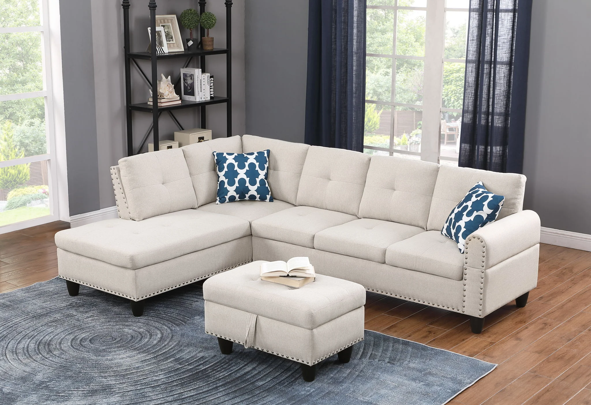 Alger - Wide Left Hand Facing Sofa & Chaise With Ottoman - Beige - Image 8