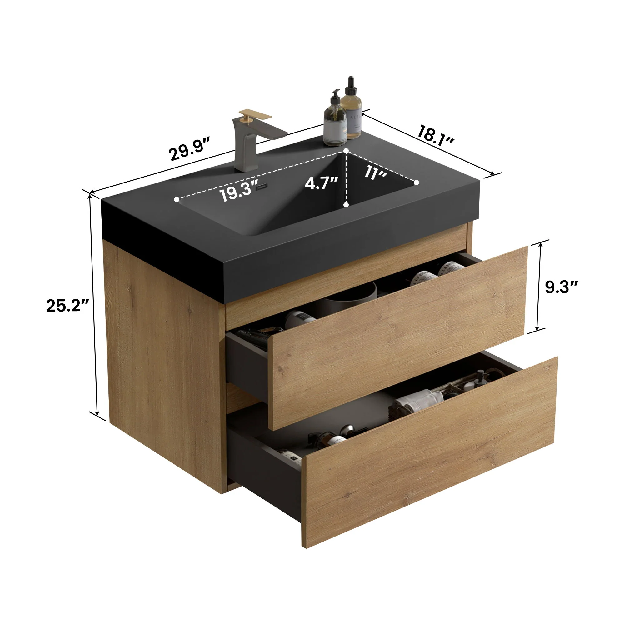 Alice - Natural Oak Bathroom Vanity With Sink, Large Storage Wall Mounted Floating Bathroom Vanity For Modern Bathroom, One-Piece Sink Basin Without Drain - Image 27