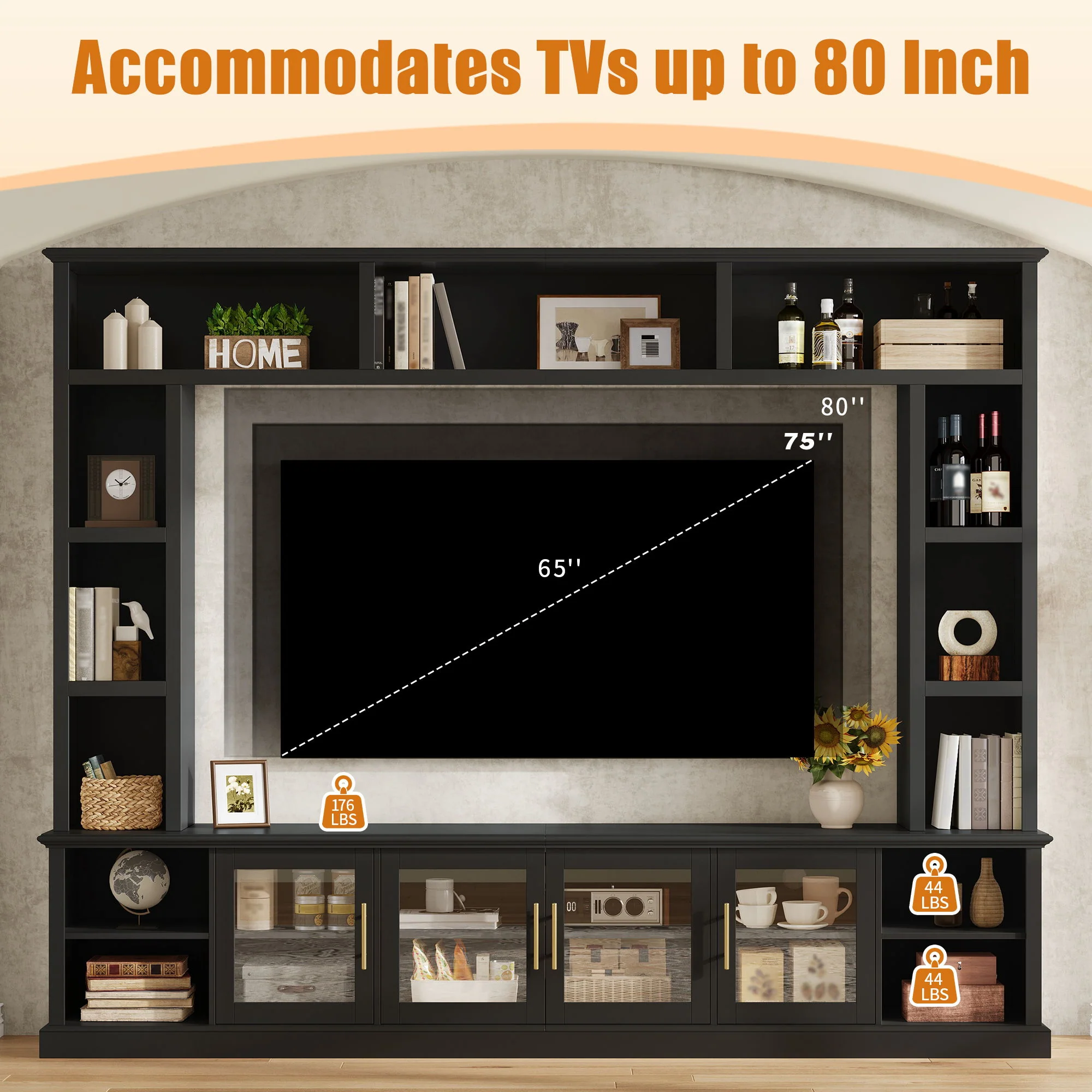 All-In-One Entertainment Center With Bookshelves & Tempered Glass Doors, TV Console Unit For Living Room - Image 10