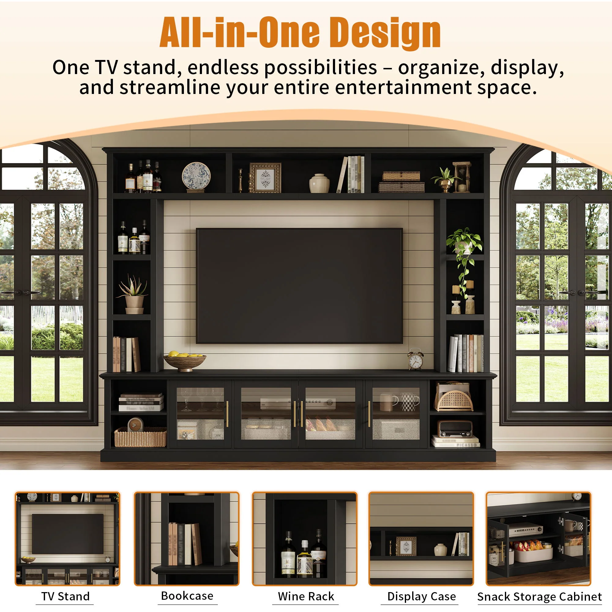 All-In-One Entertainment Center With Bookshelves & Tempered Glass Doors, TV Console Unit For Living Room - Image 16