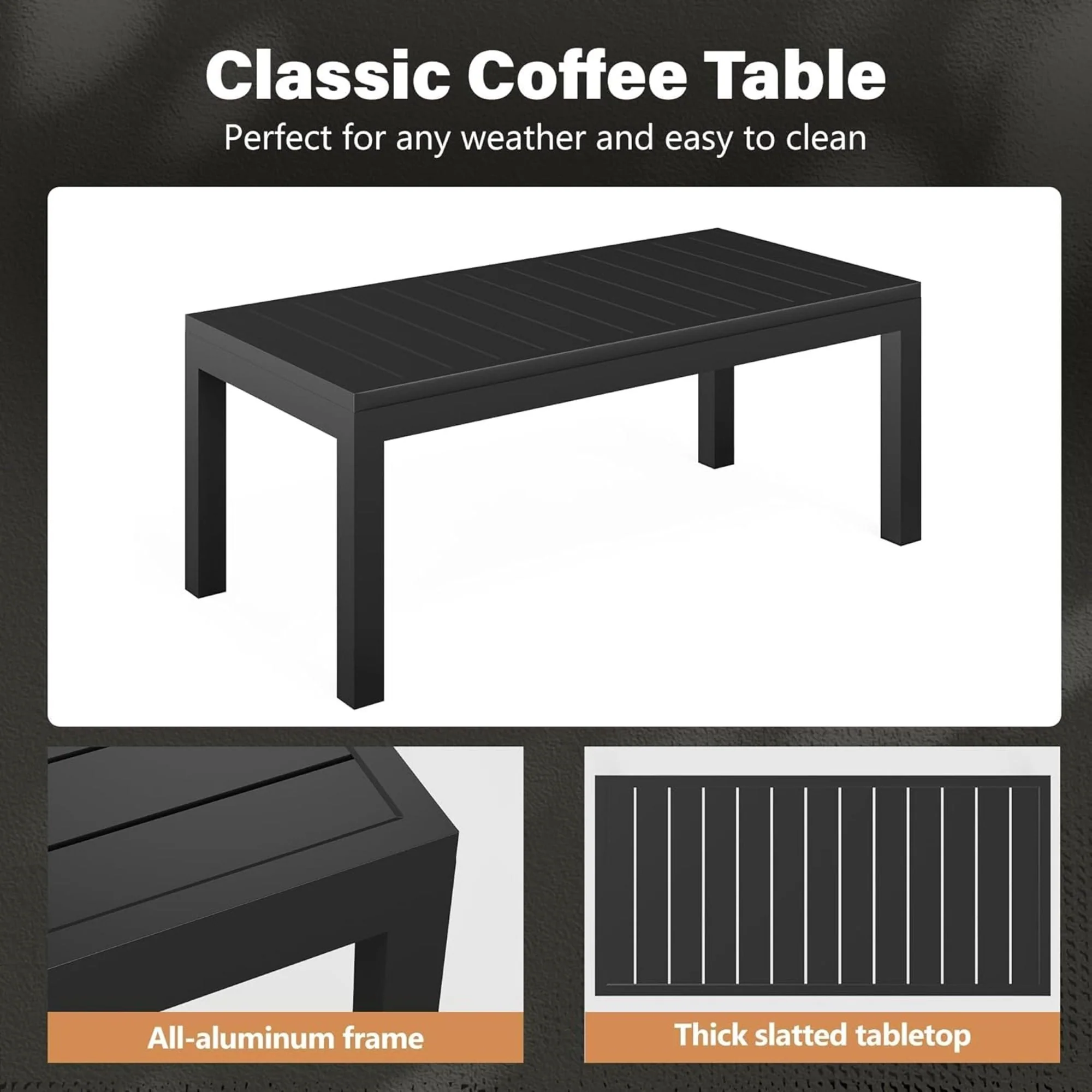 All Weather Slatted Outdoor Coffee Table For Garden - Black - Image 4