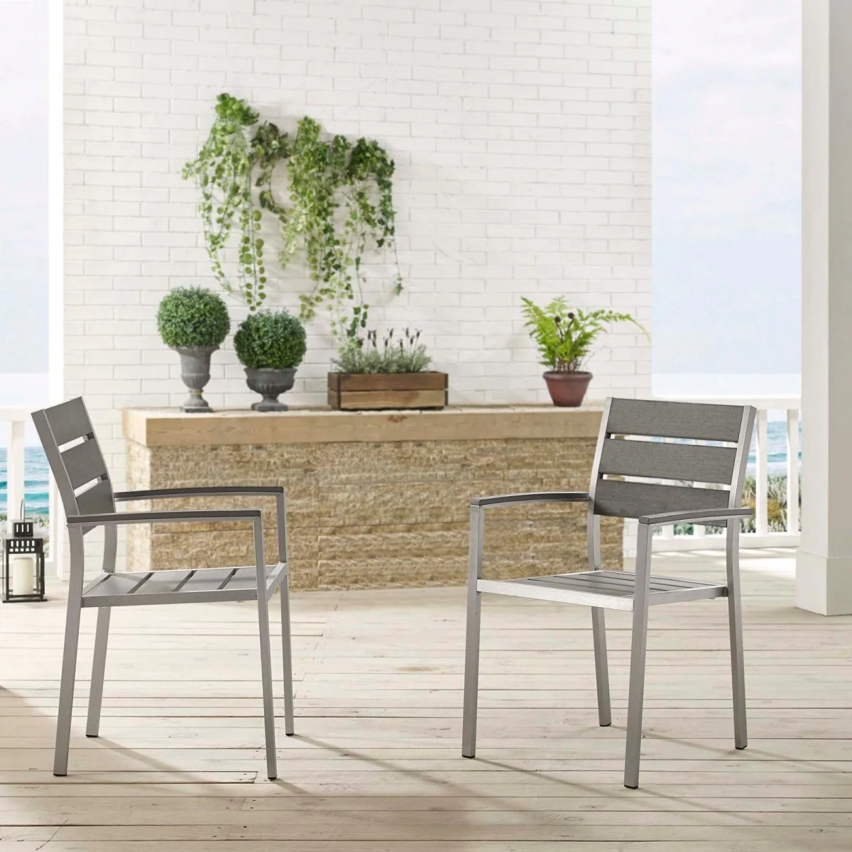 Aluminum Outdoor Dining Armchairs with Wood Accents – Silver Gray (Set of 2) - Image 4