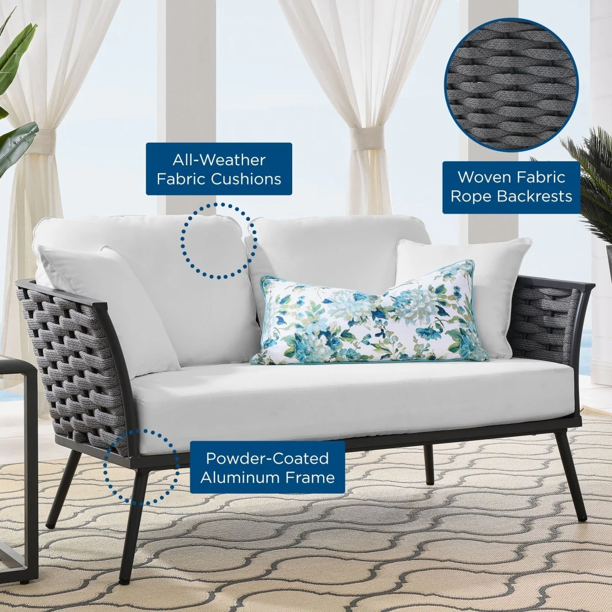 Aluminum Outdoor Patio Loveseat with Rope Weave Design and Weather-Resistant Construction - Image 3