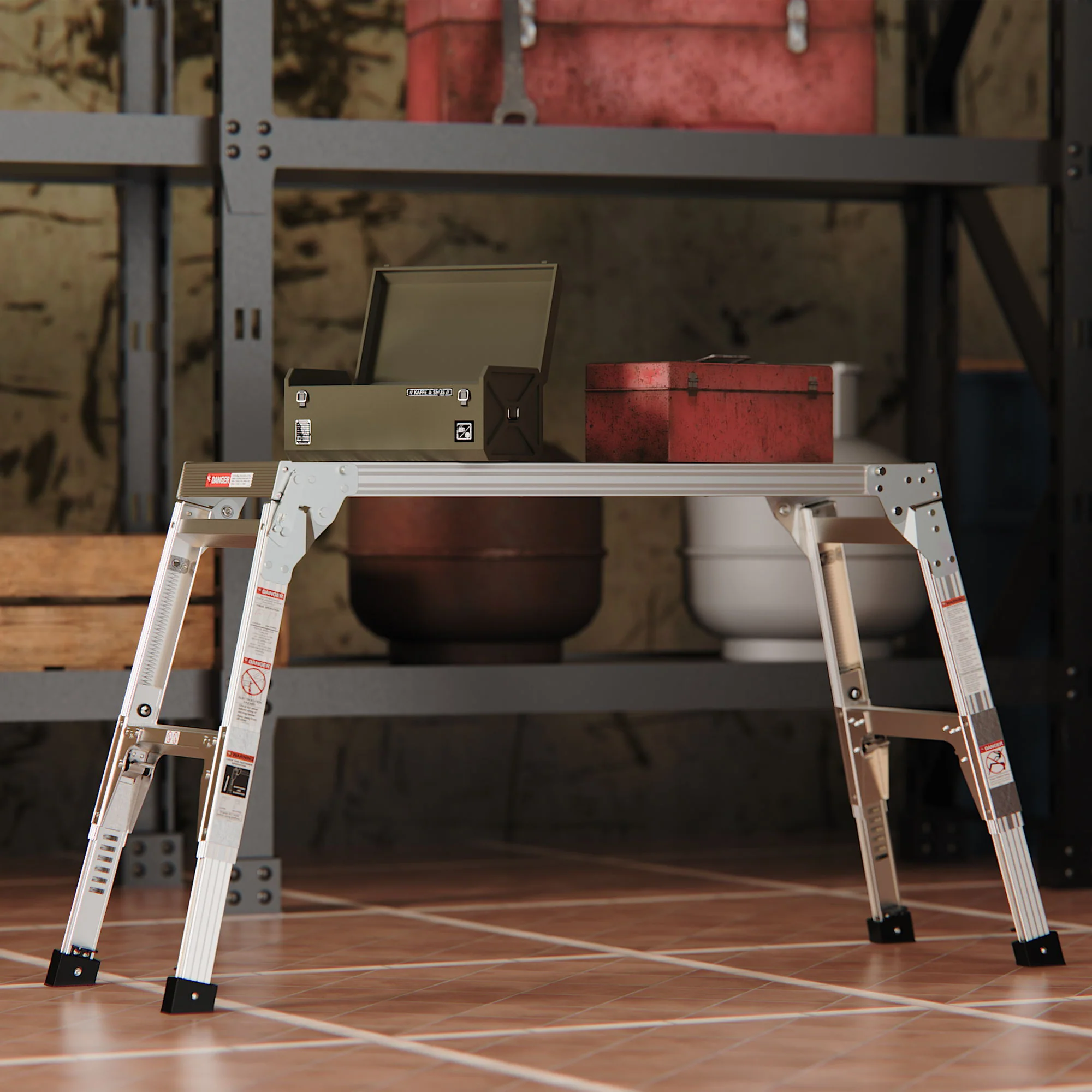 Aluminum Work Platform Large Size Step Stool Folding Portable Work Bench 40" Width Telescopic Feet Height Adjustable - Gray - Image 7
