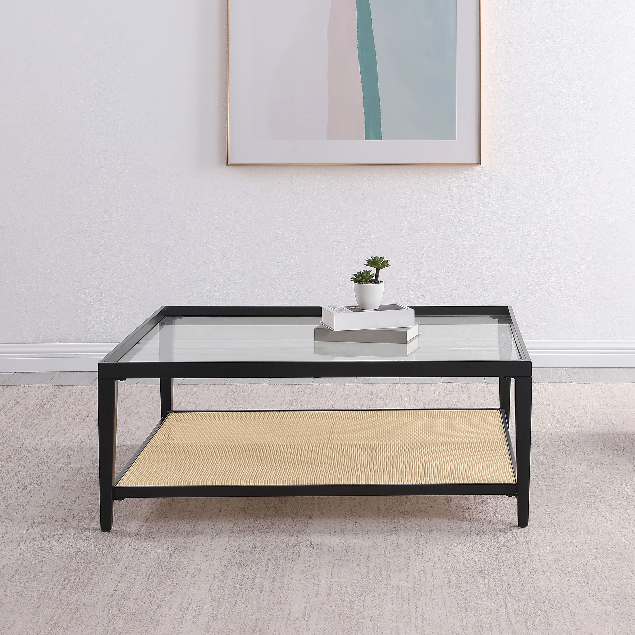 Amherst Glass Top Metal Coffee Table with Cane Shelf, Black - Image 5