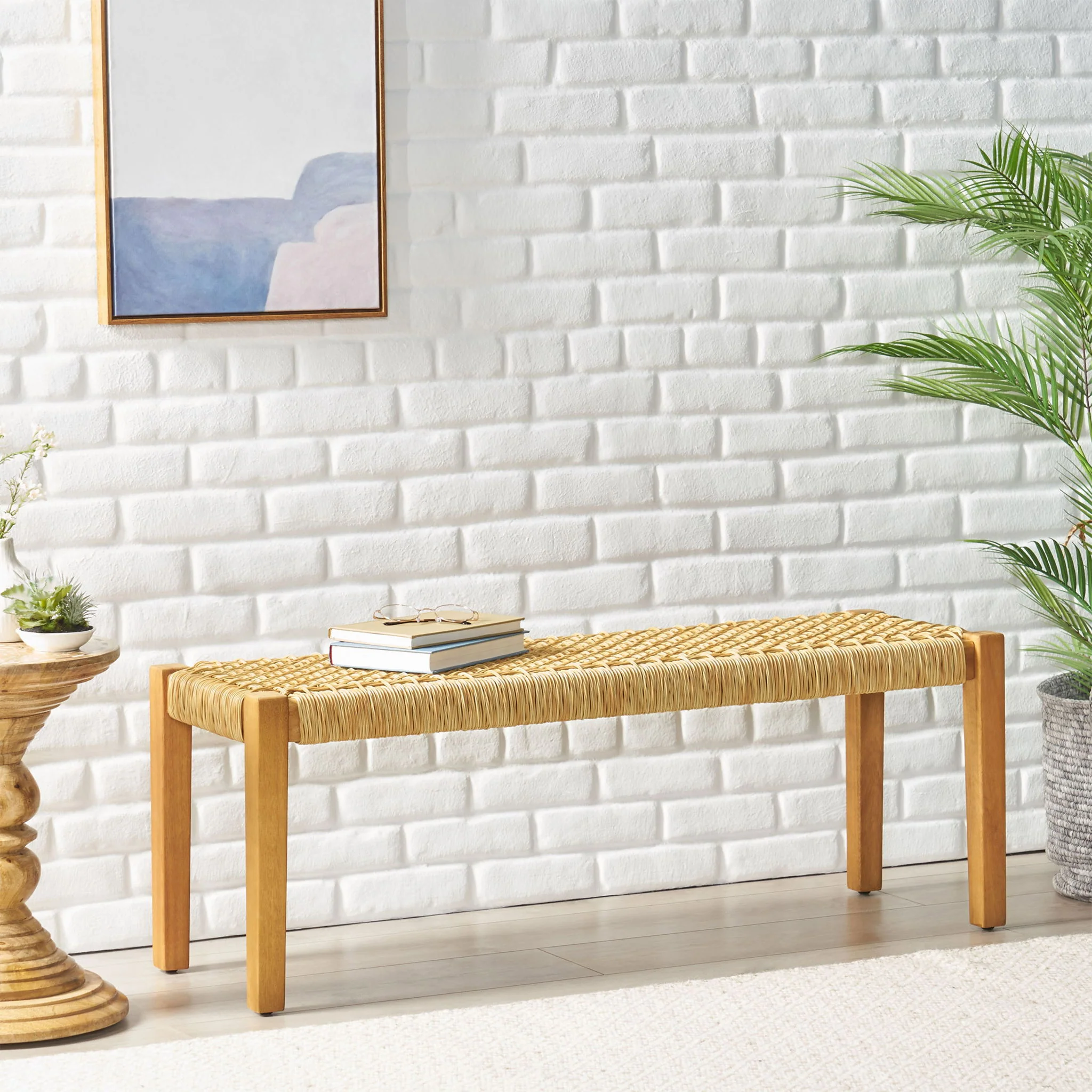 Angie - Bench Outdoor Seating Acacia Wood Faux Rattan - Teak - Image 5