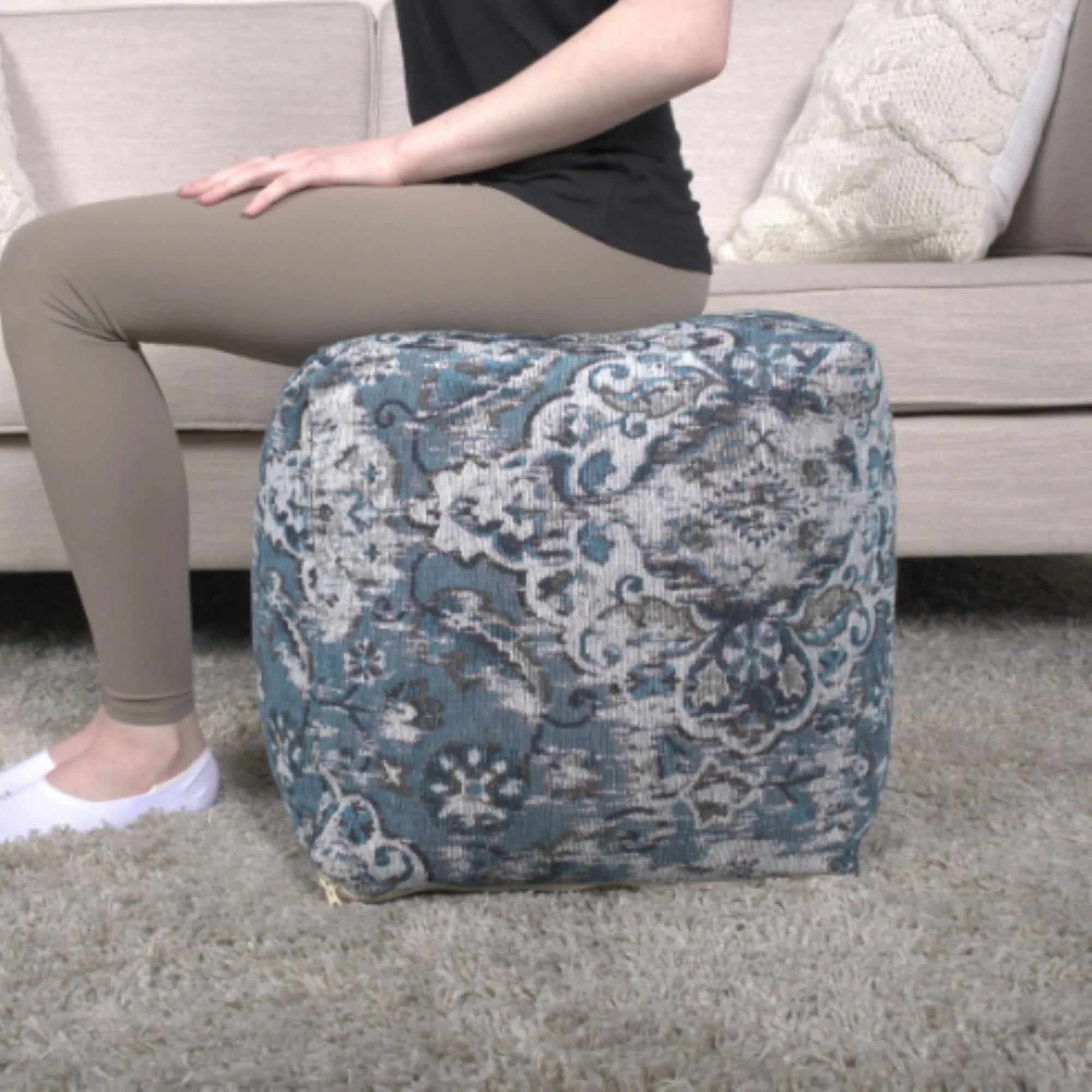 Anita - Square Pouf Ottoman And Floor Cushion - Blue - Image 4