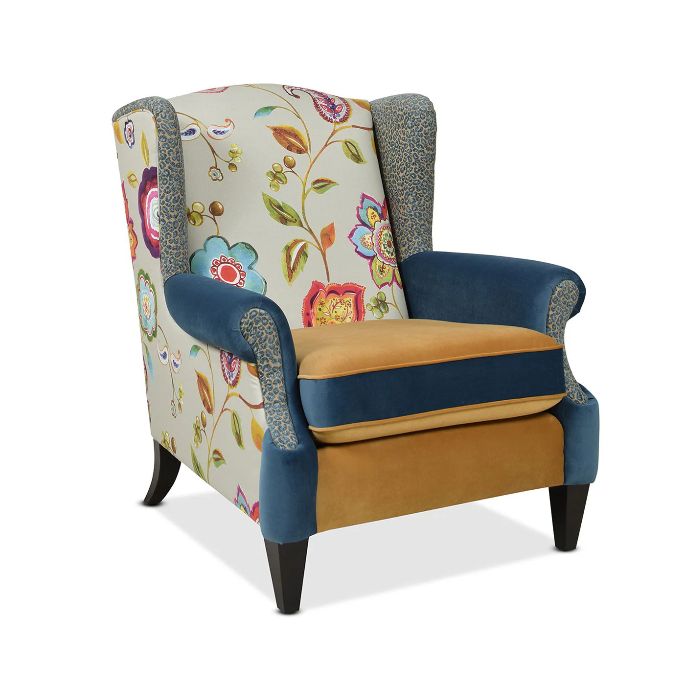 Anya - Boho Chic Wingback Accent Arm Chair - Floral / Leopard / Blue Teal / Yellow Gold - Image 2