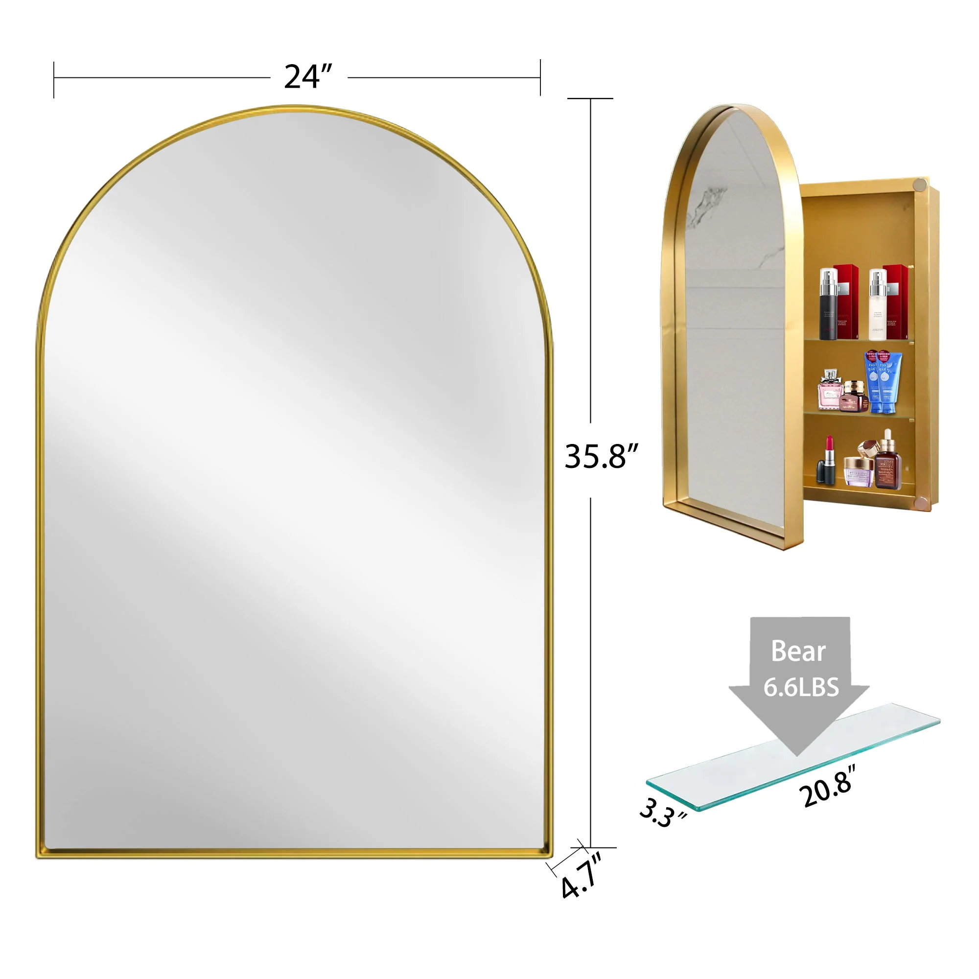 Arched Recessed Medicine Cabinet, Metal Framed Bathroom Wall Cabinet With Mirror And Adjustable Shelves, Wall Mirror With Storage For Bathroom - Image 20
