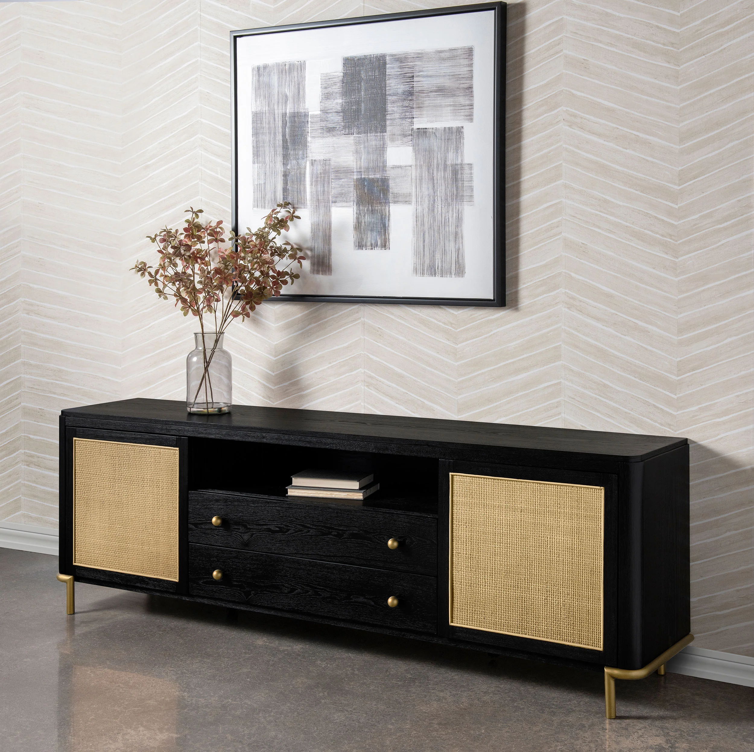 Arini Rattan Cane 2-Door TV Stand - Black with Ash Veneer - Image 5