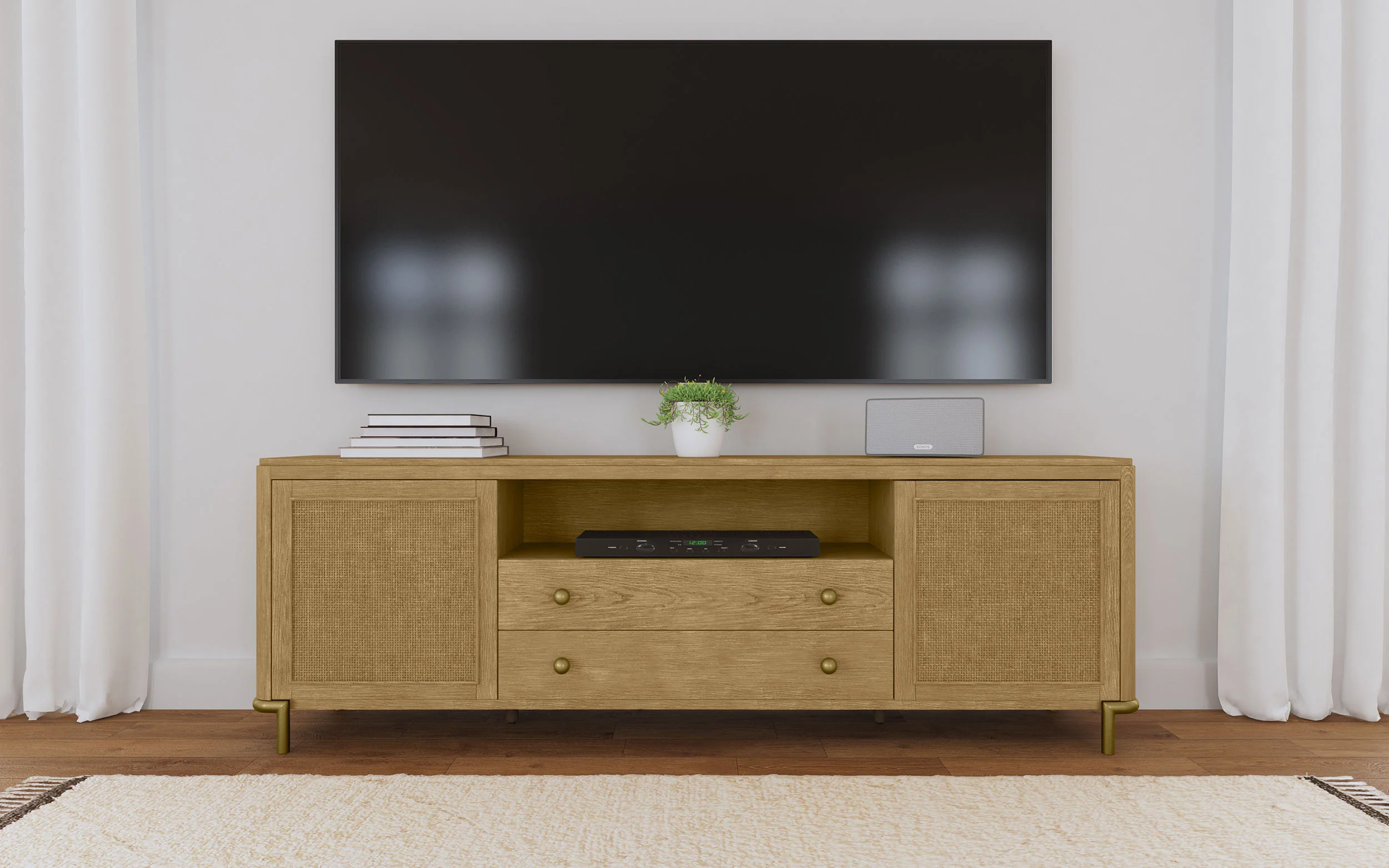Arini Rattan Cane 2-Door TV Stand - Sand Wash - Image 2