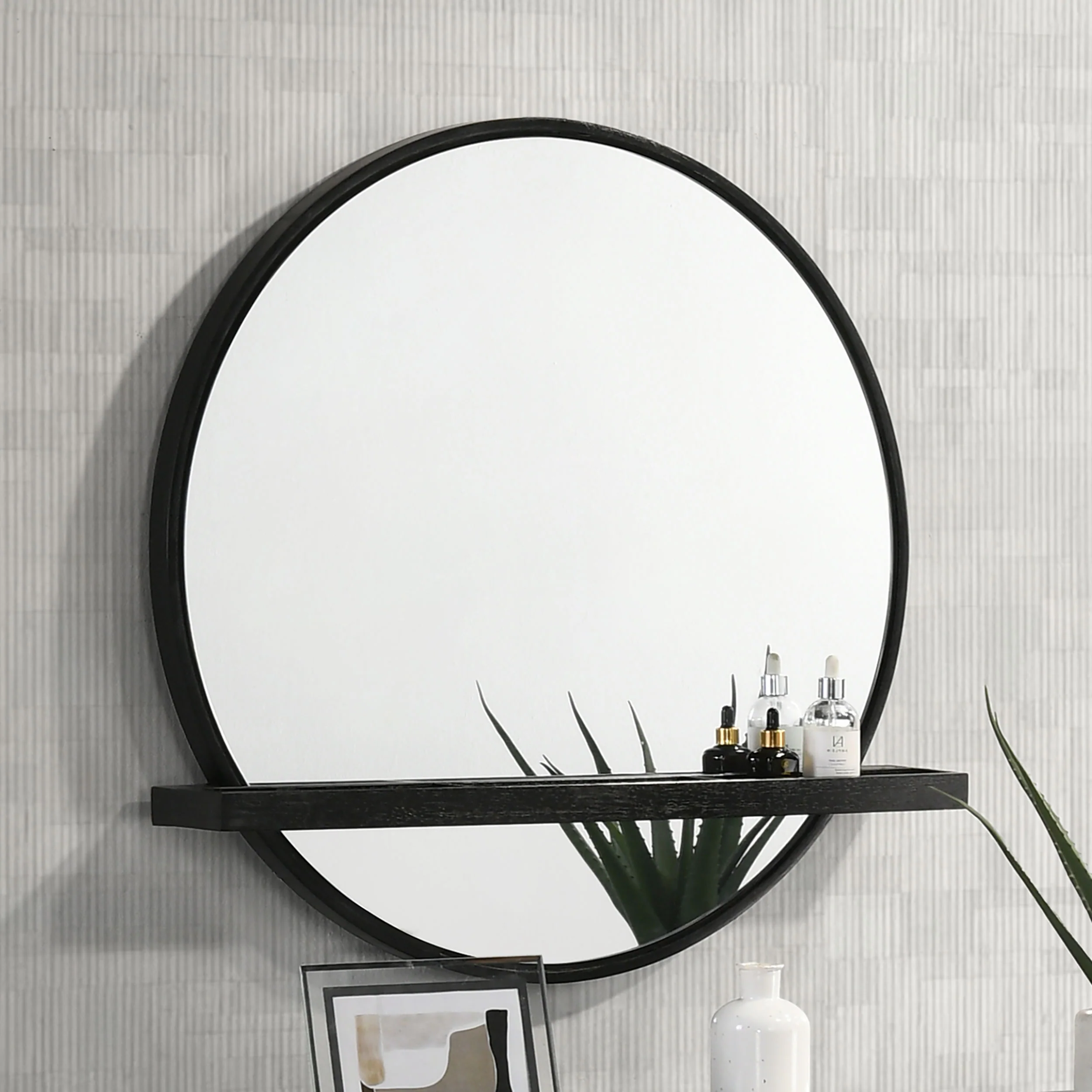 Arini Round Vanity Wall Mirror with Shelf in Black - Image 3