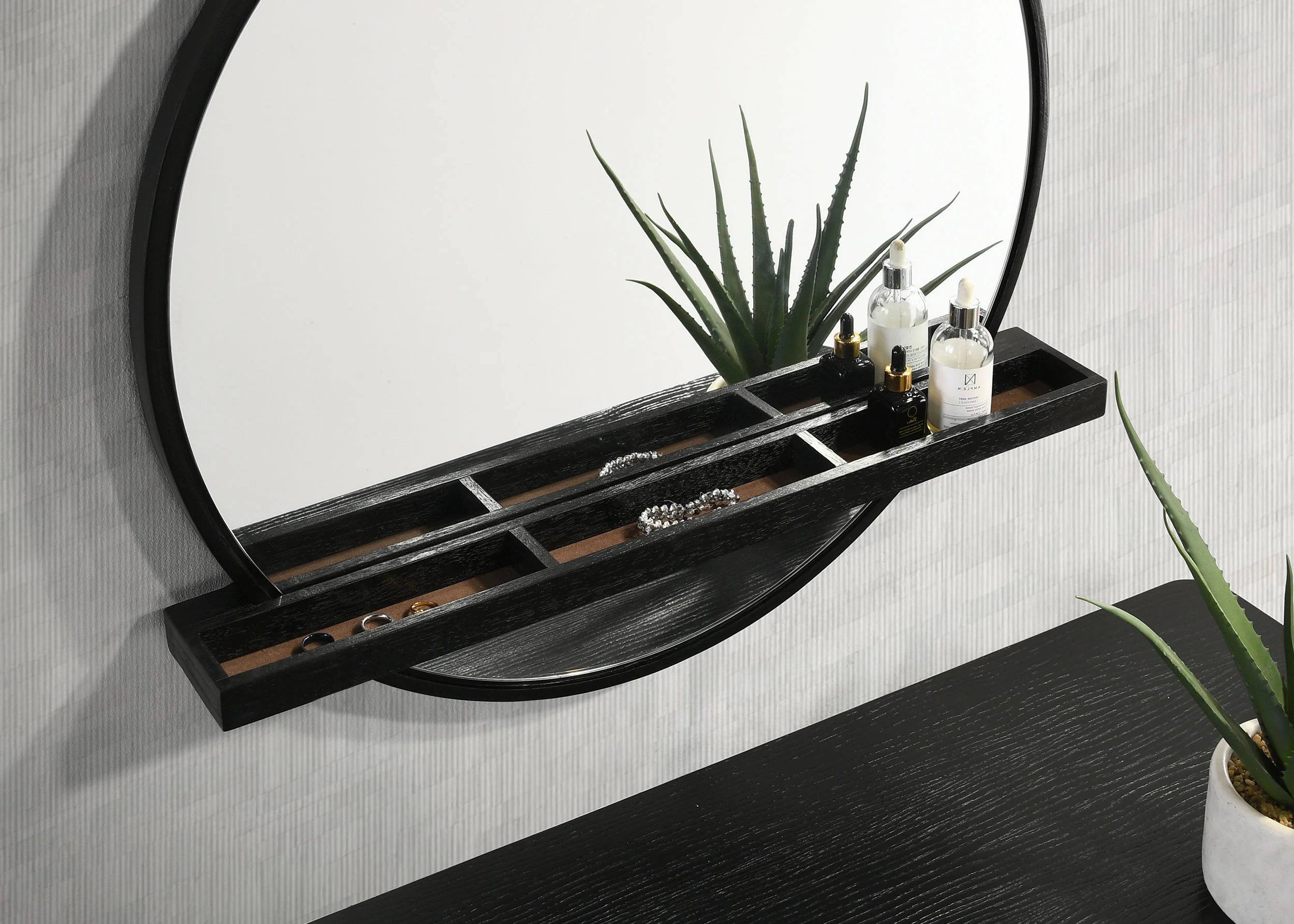 Arini Round Vanity Wall Mirror with Shelf in Black - Image 4