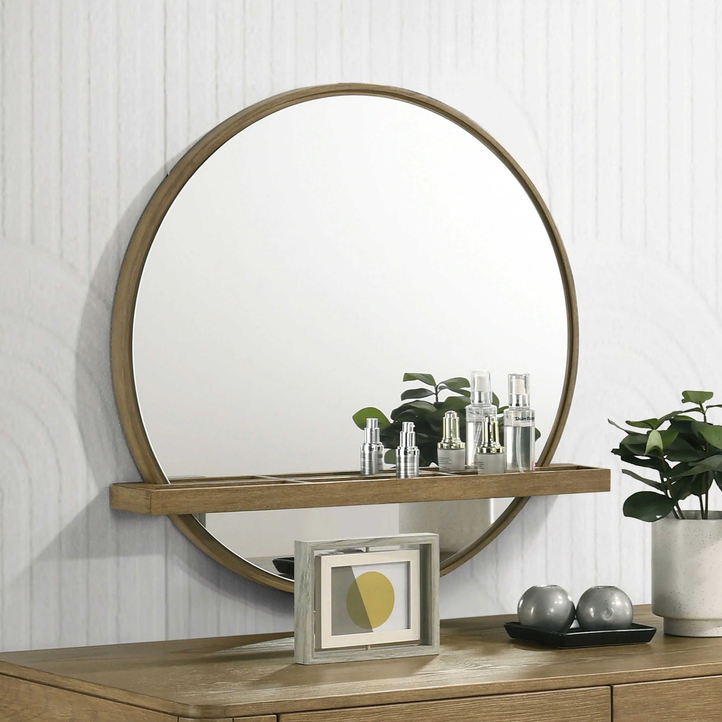Arini Round Vanity Wall Mirror with Shelf Sand Wash - Image 4