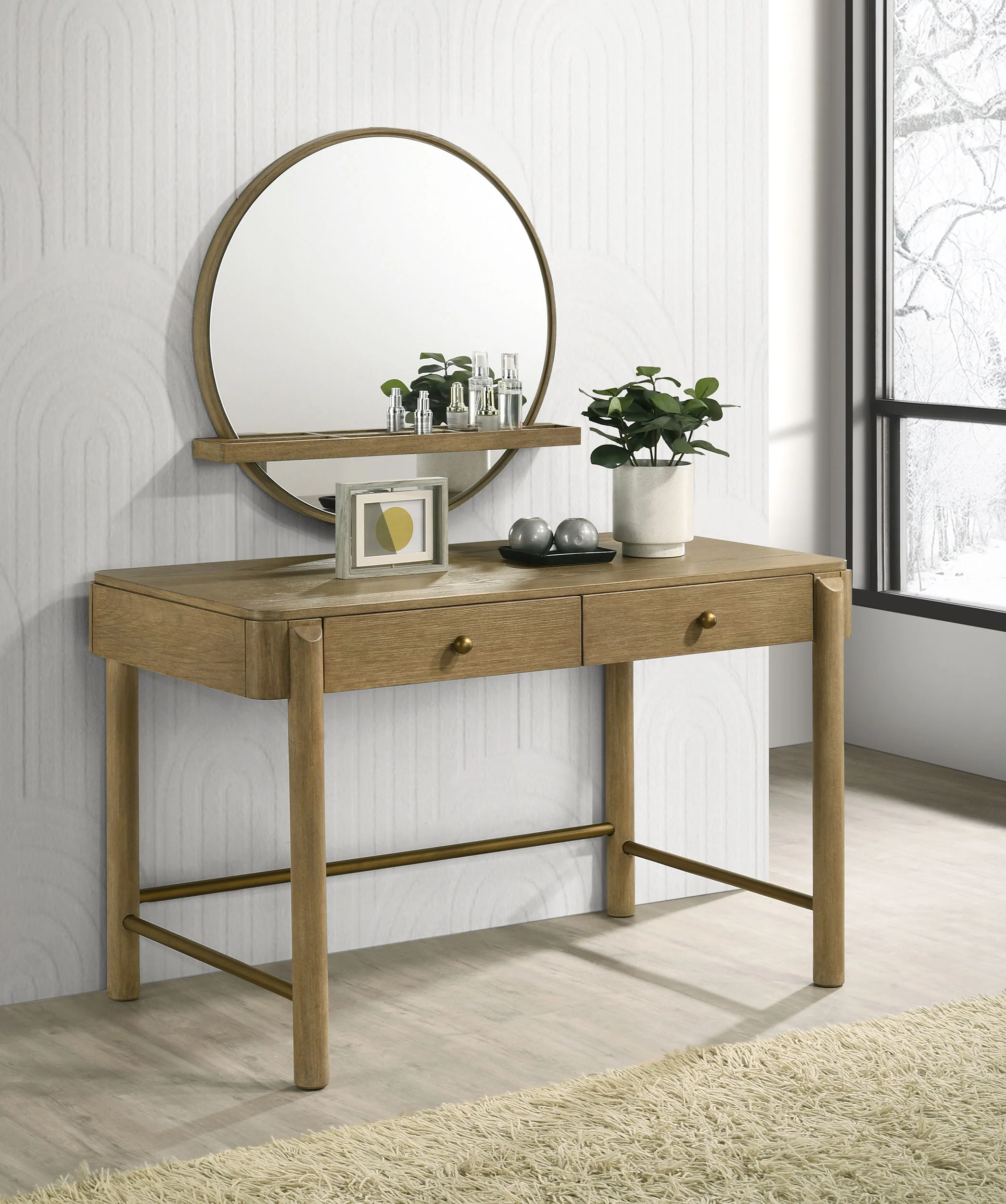 Arini Round Vanity Wall Mirror with Shelf Sand Wash - Image 7
