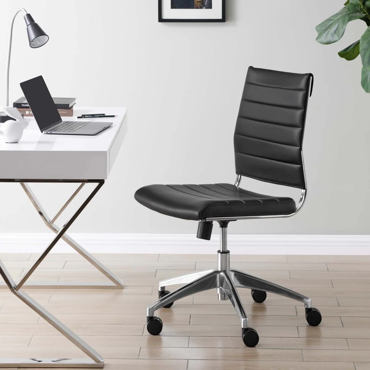 Armless Mid Back Ribbed Vinyl Office Chair – Mid-Century Modern Desk Seating - Image 53
