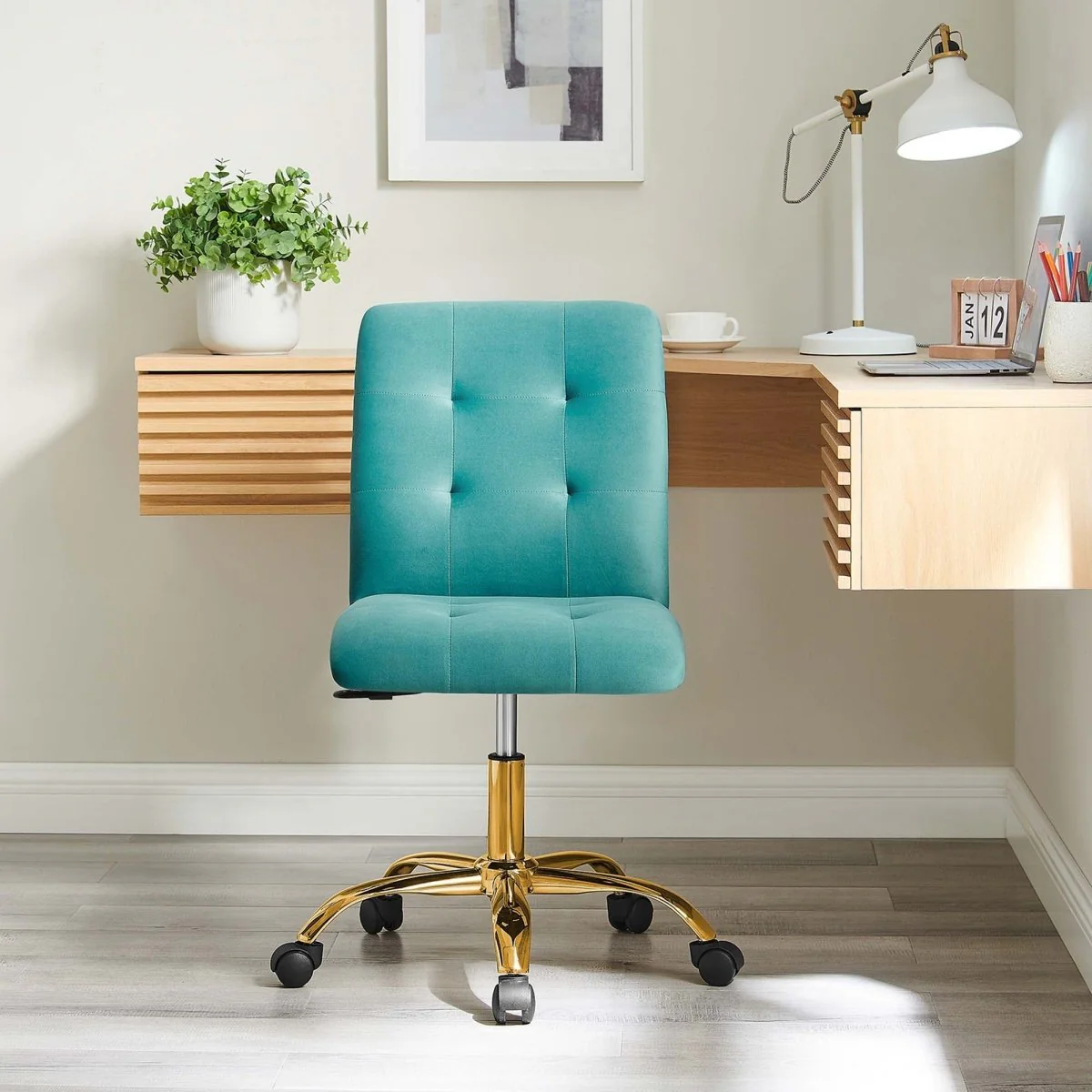 Armless Performance Velvet Office Chair with Gold Base – Modern Swivel Task Chair - Image 21