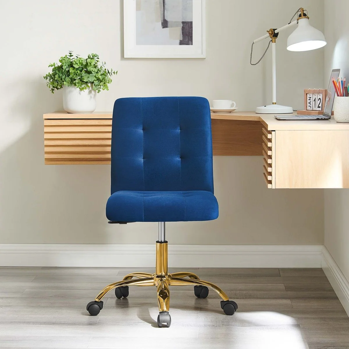 Armless Performance Velvet Office Chair with Gold Base – Modern Swivel Task Chair - Image 30