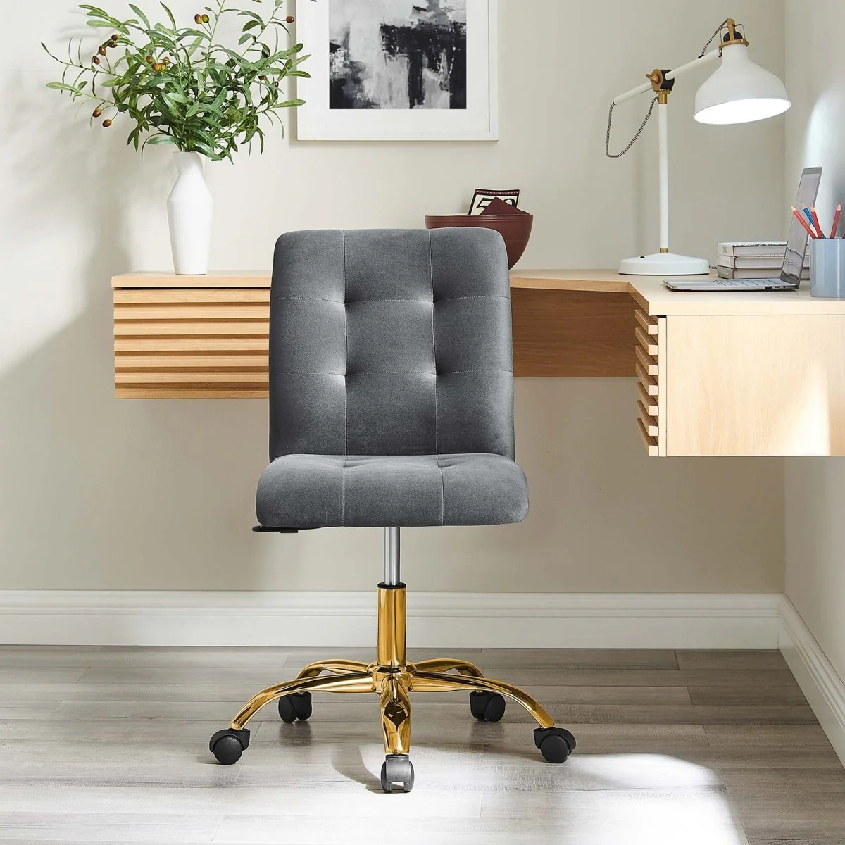 Armless Performance Velvet Office Chair with Gold Base – Modern Swivel Task Chair - Image 39