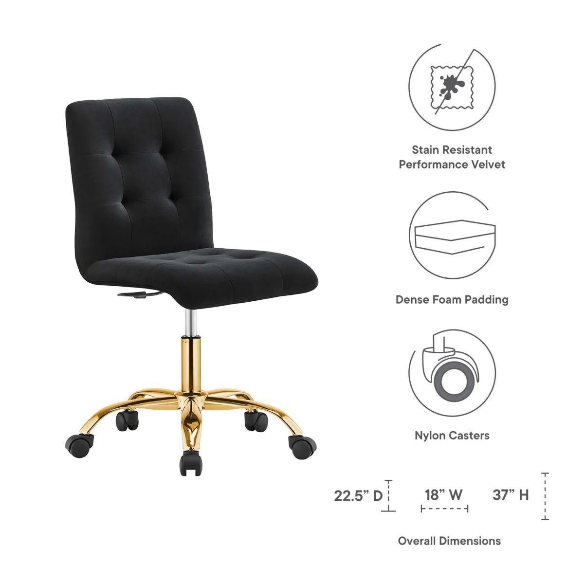 Armless Performance Velvet Office Chair with Gold Base – Modern Swivel Task Chair - Image 47