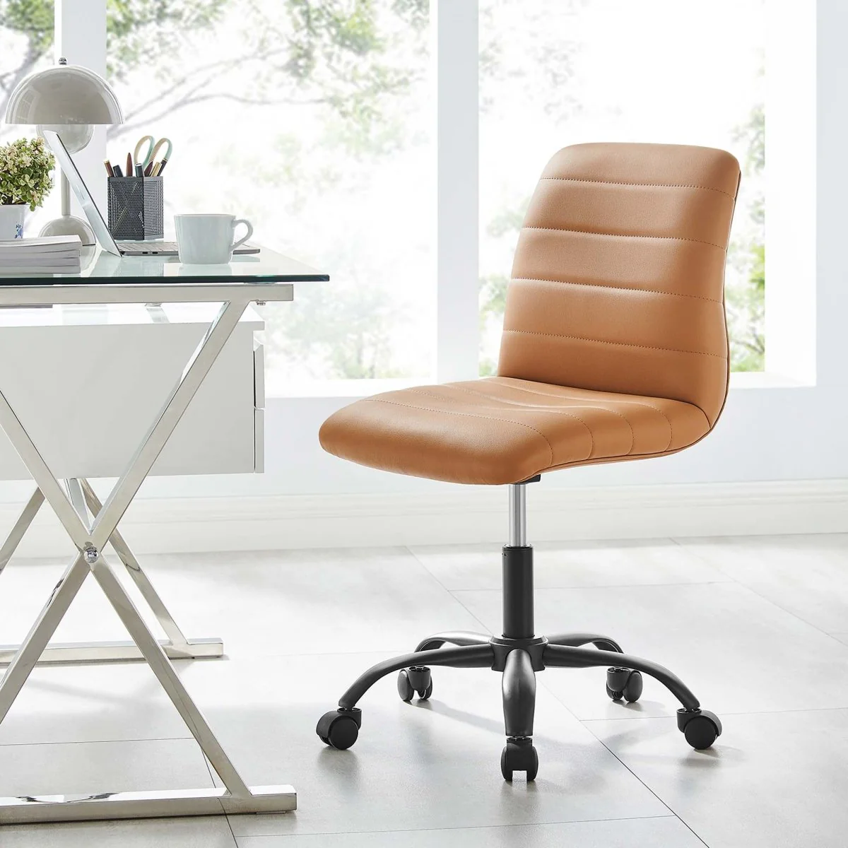 Armless Vegan Leather Office Chair – Channel Tufted, Modern Desk Seating - Image 19