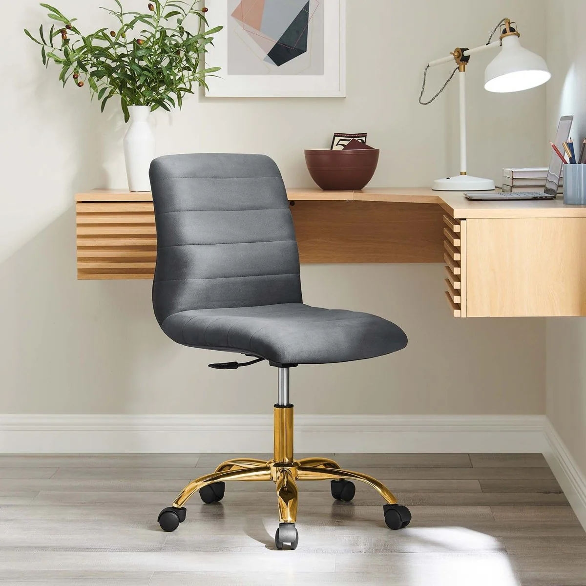 Armless Velvet Office Chair – Channel Tufted Accent Desk Seating for Home & Office - Image 36