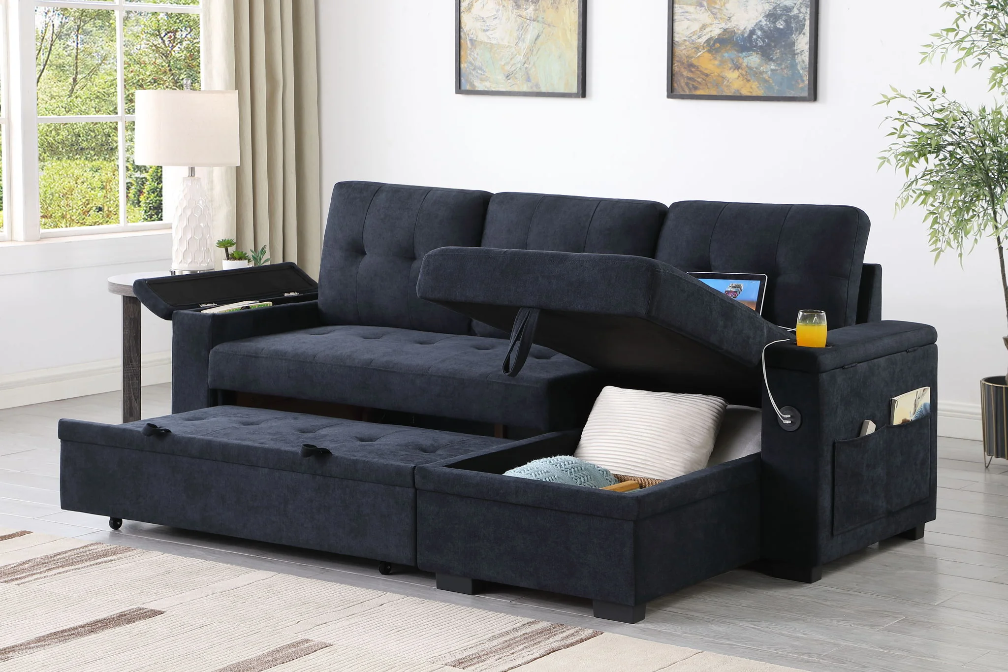 Ashlyn II - 84"W Woven Fabric Reversible Sleeper Sectional Sofa with Storage Chaise - Image 3