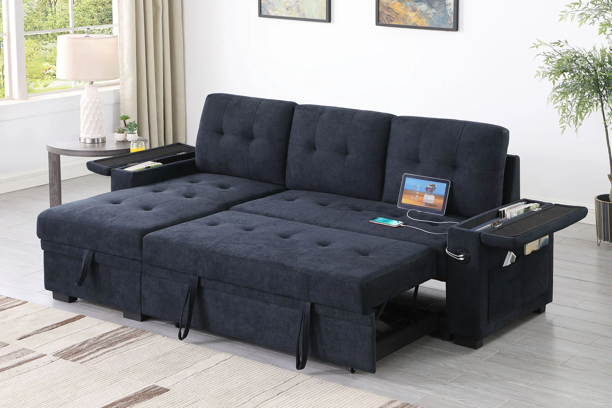 Ashlyn II - 84"W Woven Fabric Reversible Sleeper Sectional Sofa with Storage Chaise - Image 5