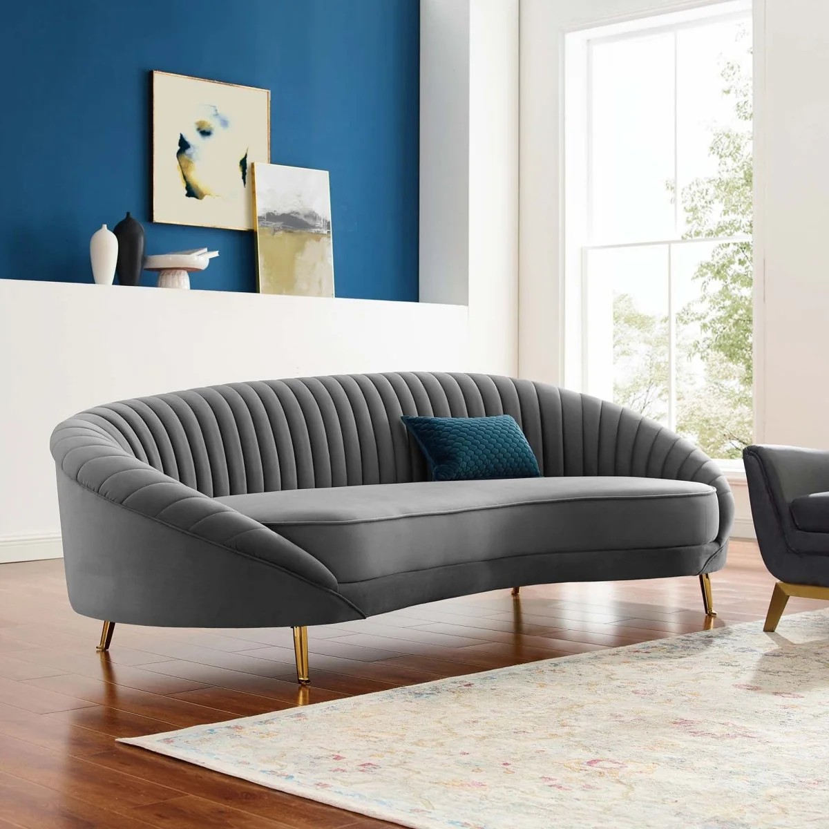 Asymmetrical Channel Tufted Performance Velvet Sofa in Gray - Image 5