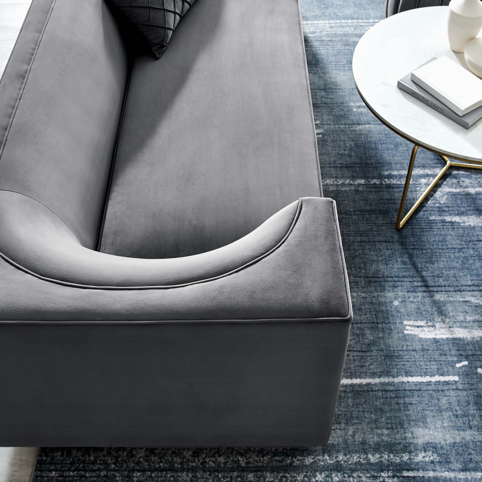 Asymmetrical Performance Velvet Sofa with Gold Inset Rim - Image 16