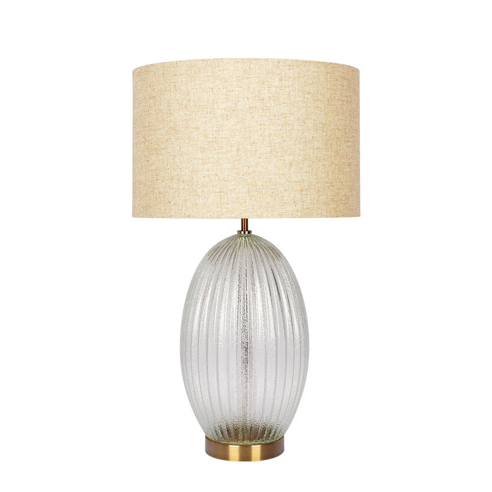 Aurora - Ribbed Lamp Base Clear Table Lamp Large Linen Shade - Beige / Clear / Gold - Image 3