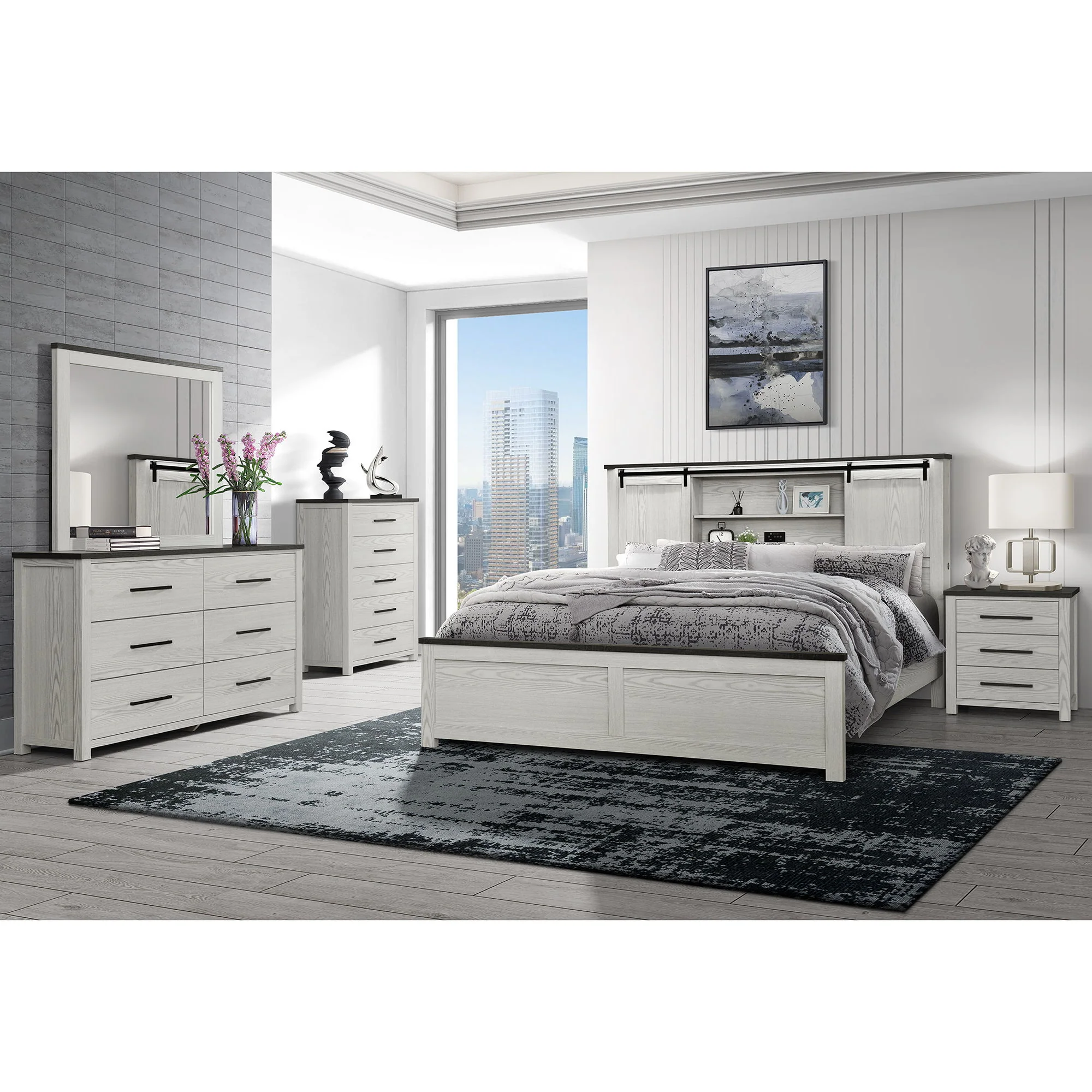 Avery - King Bedroom Set With Bookcase Headboard, Low Profile Bed, Spacious Drawers - Beige - Image 3