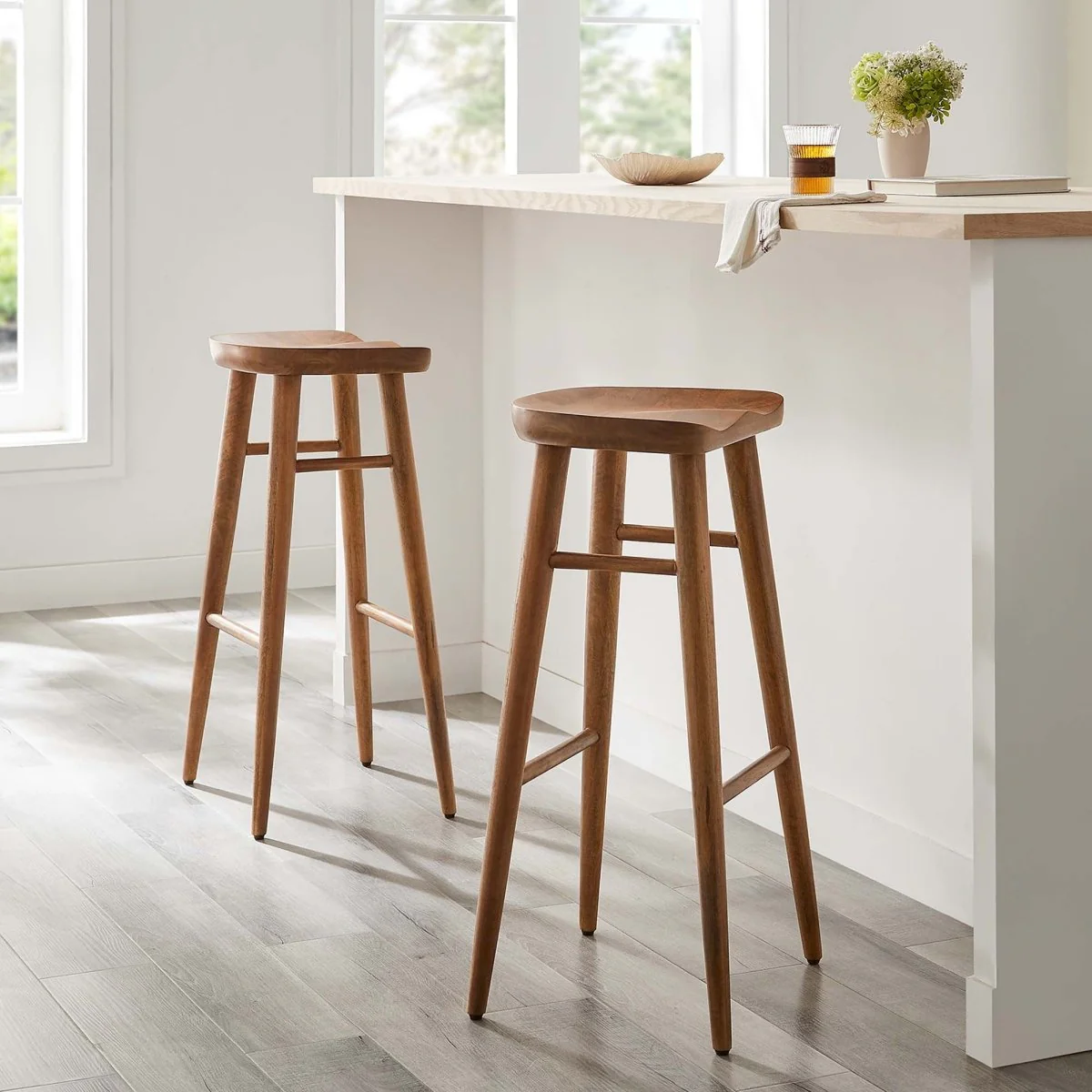 Backless Solid Mango Wood Saddle Seat Bar Stools Set of 2 - Image 2